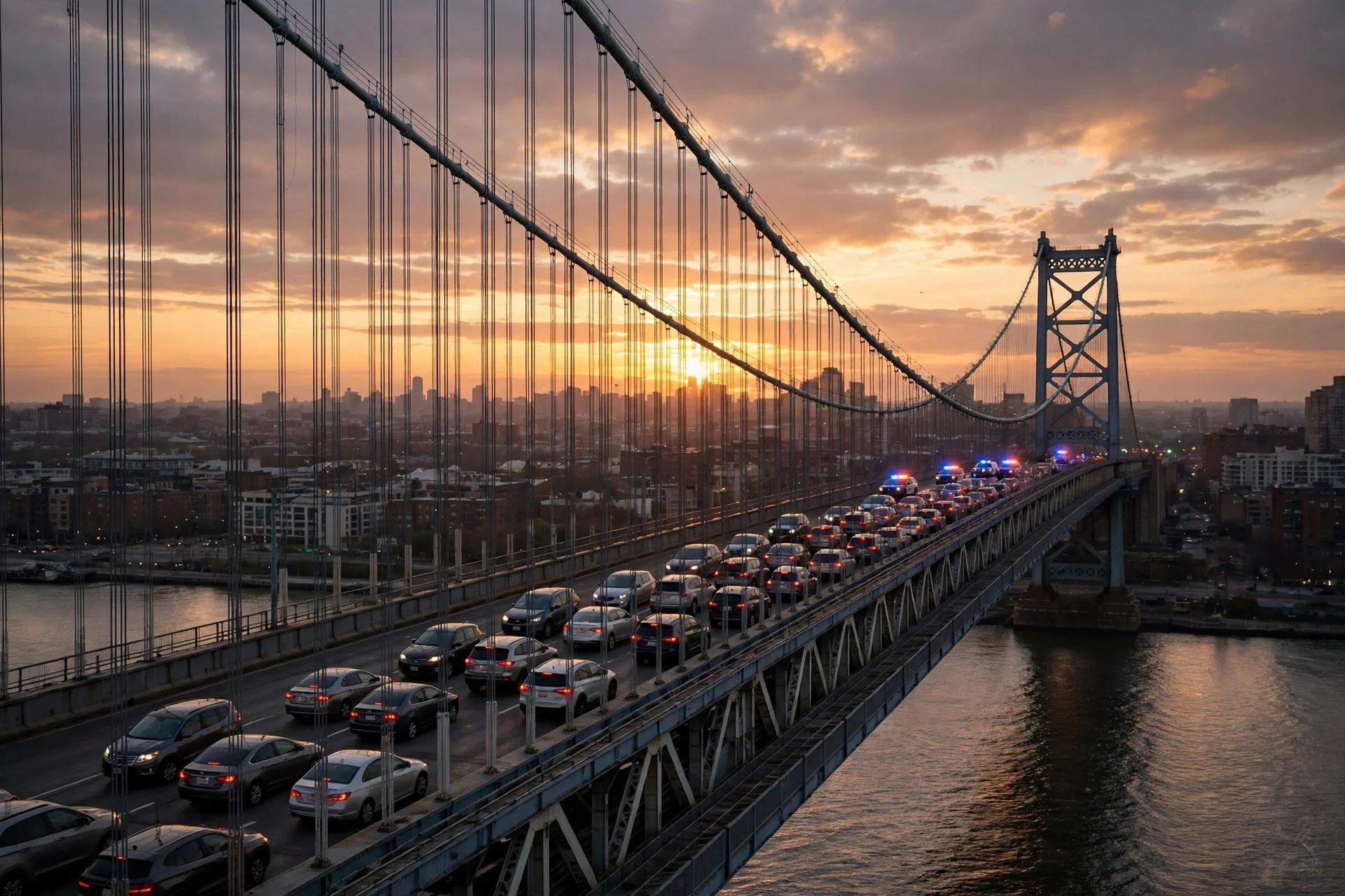Puente colgante urbano al atardecer con el tráfico detenido y luces policiales a lo lejos