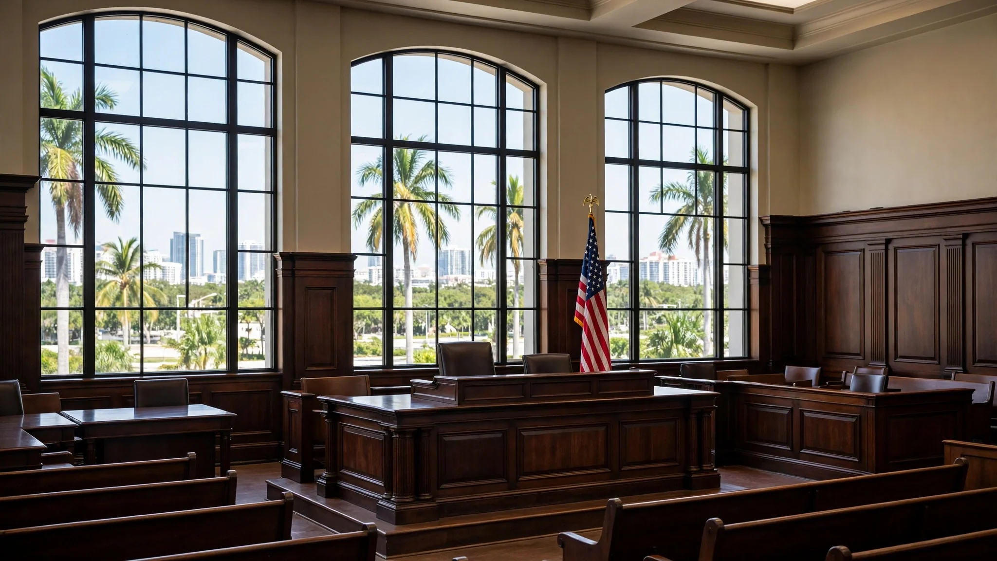 Sala de audiencias vacía en Miami con estrado de madera oscura, bandera de Estados Unidos y ventanales con vistas a la ciudad y palmeras