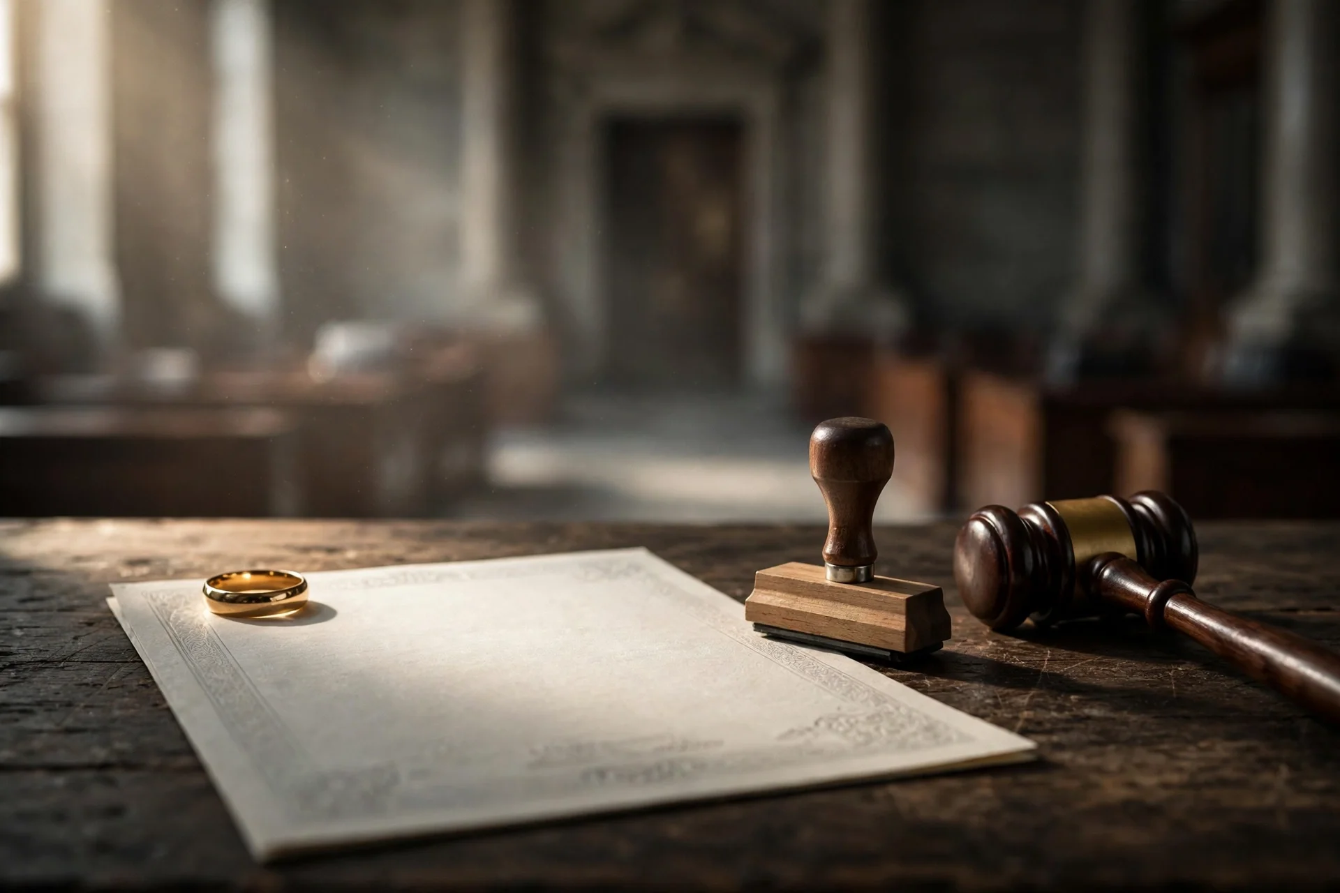 Un anillo de boda y un certificado de matrimonio junto a un mazo judicial sobre un escritorio