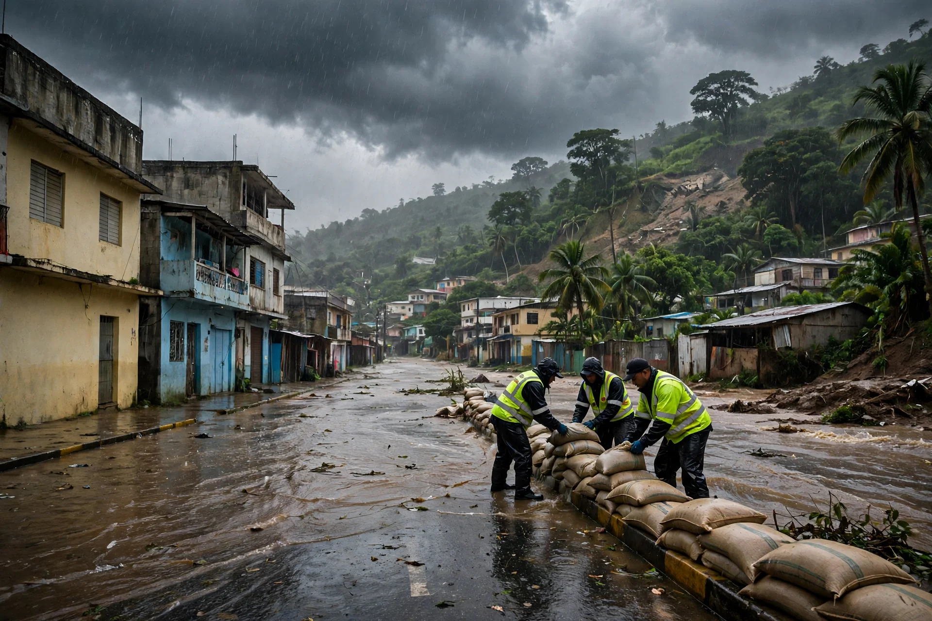 Calle urbana inundada por lluvias intensas con personal de emergencia trabajando