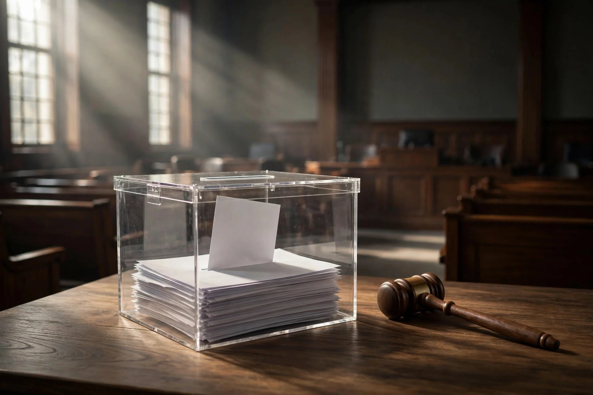 Transparent ballot box with blank paper ballots and a wooden gavel on a table in an empty courtroom