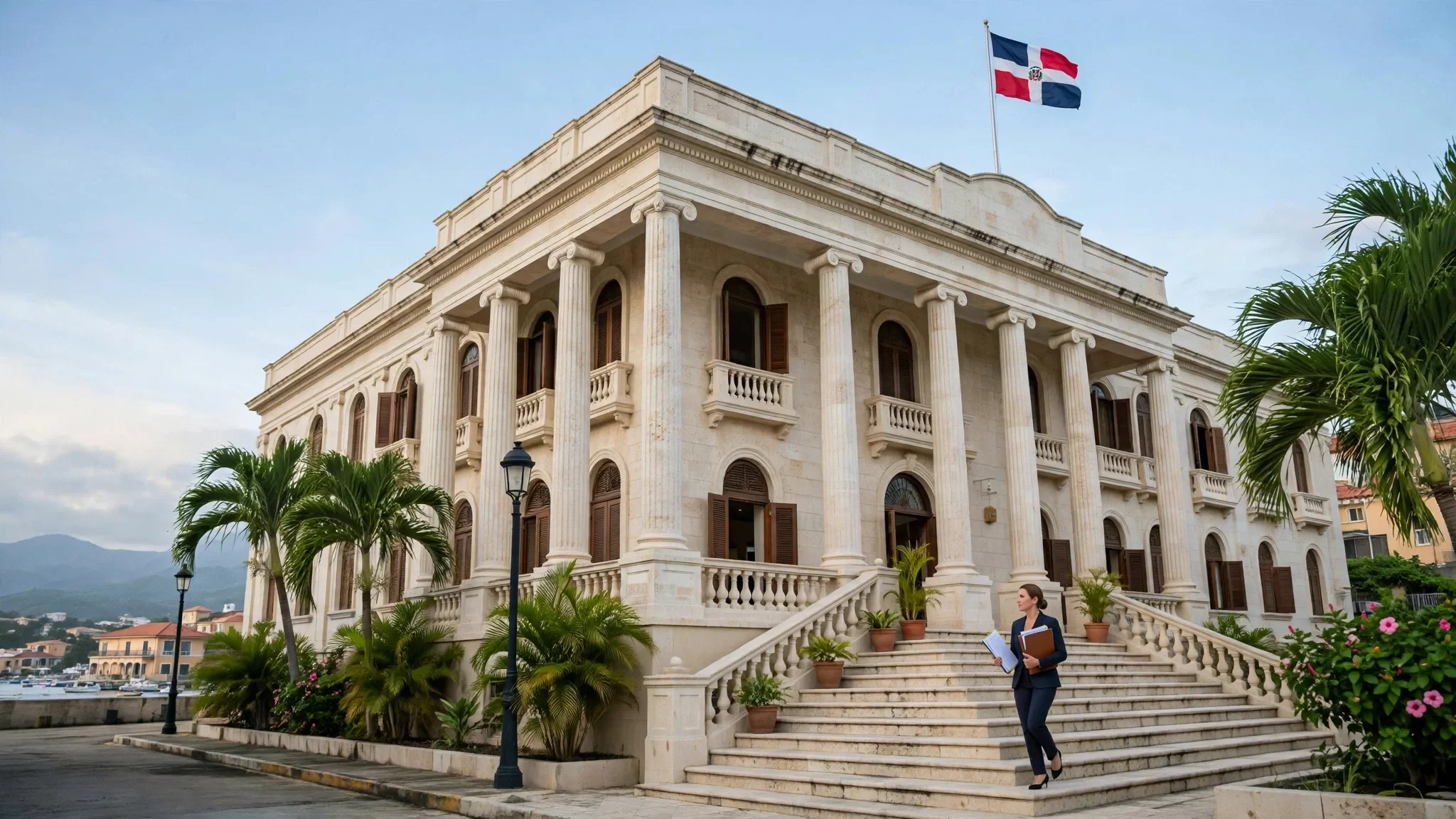 Un palacio de gobierno provincial en República Dominicana con la bandera dominicana y una profesional con documentos subiendo la escalinata