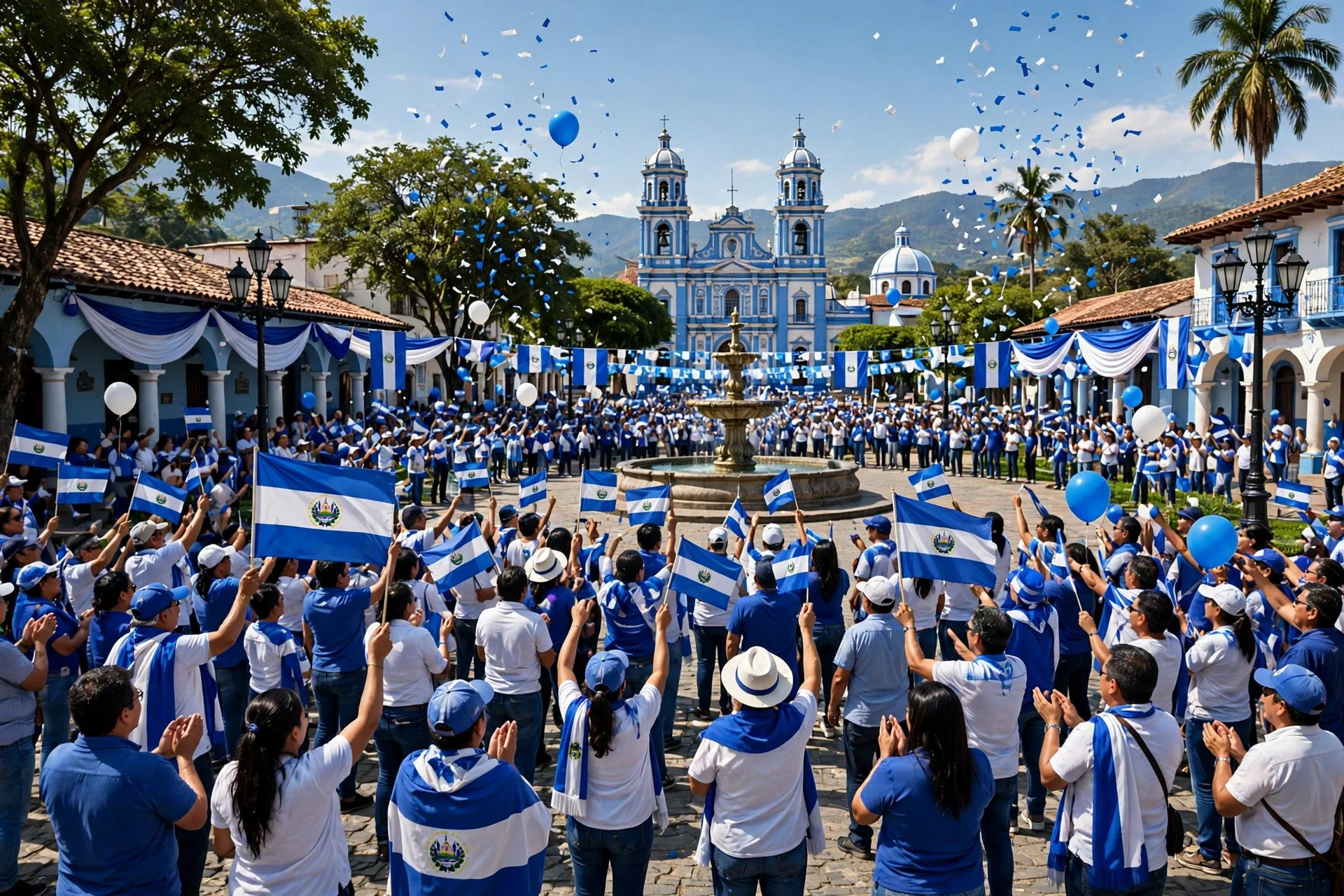 Multitud en una plaza pública ondeando banderas azul y blanco de El Salvador en un ambiente cívico festivo