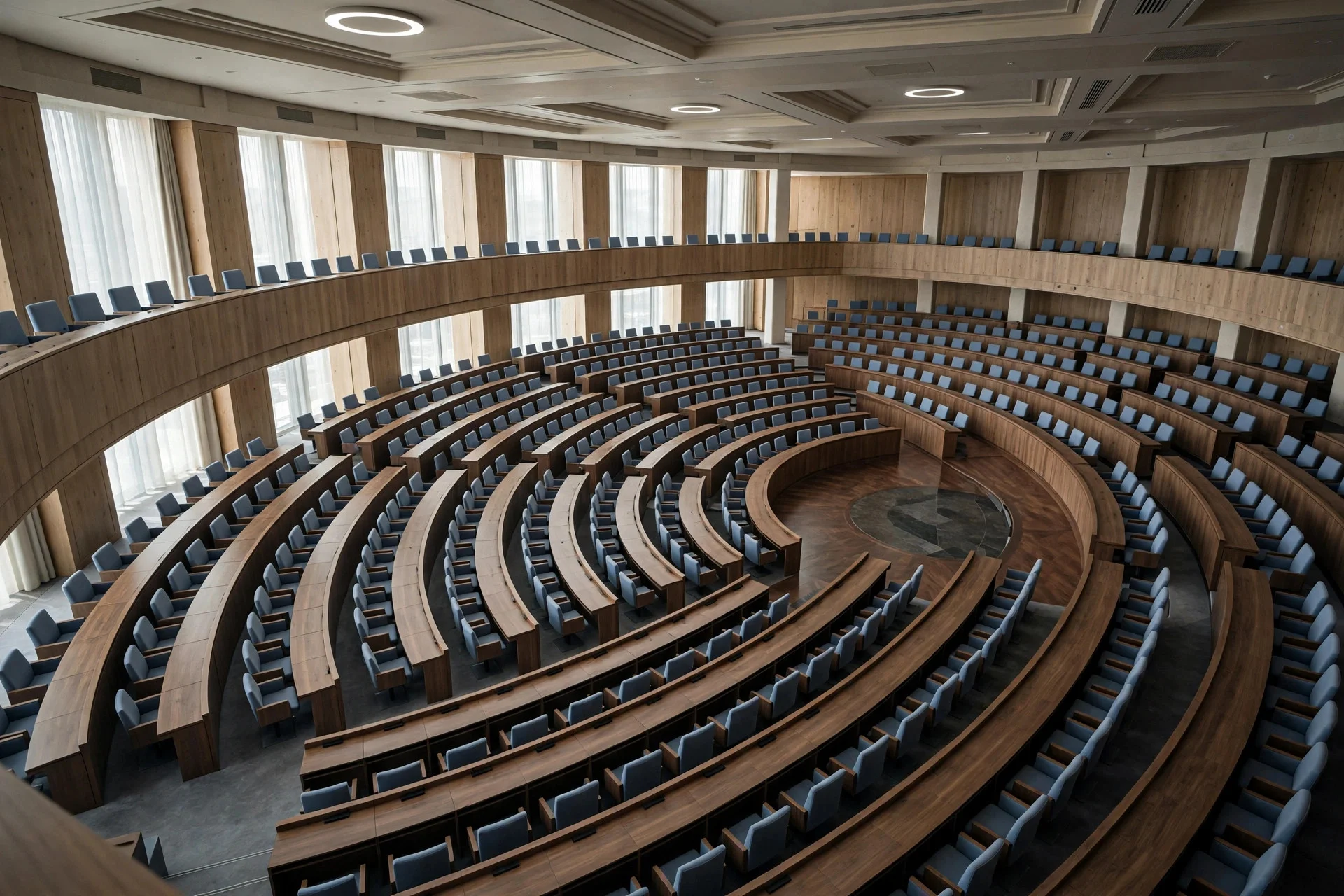 Semicircular diplomatic council chamber with curved desks and delegates seen from behind