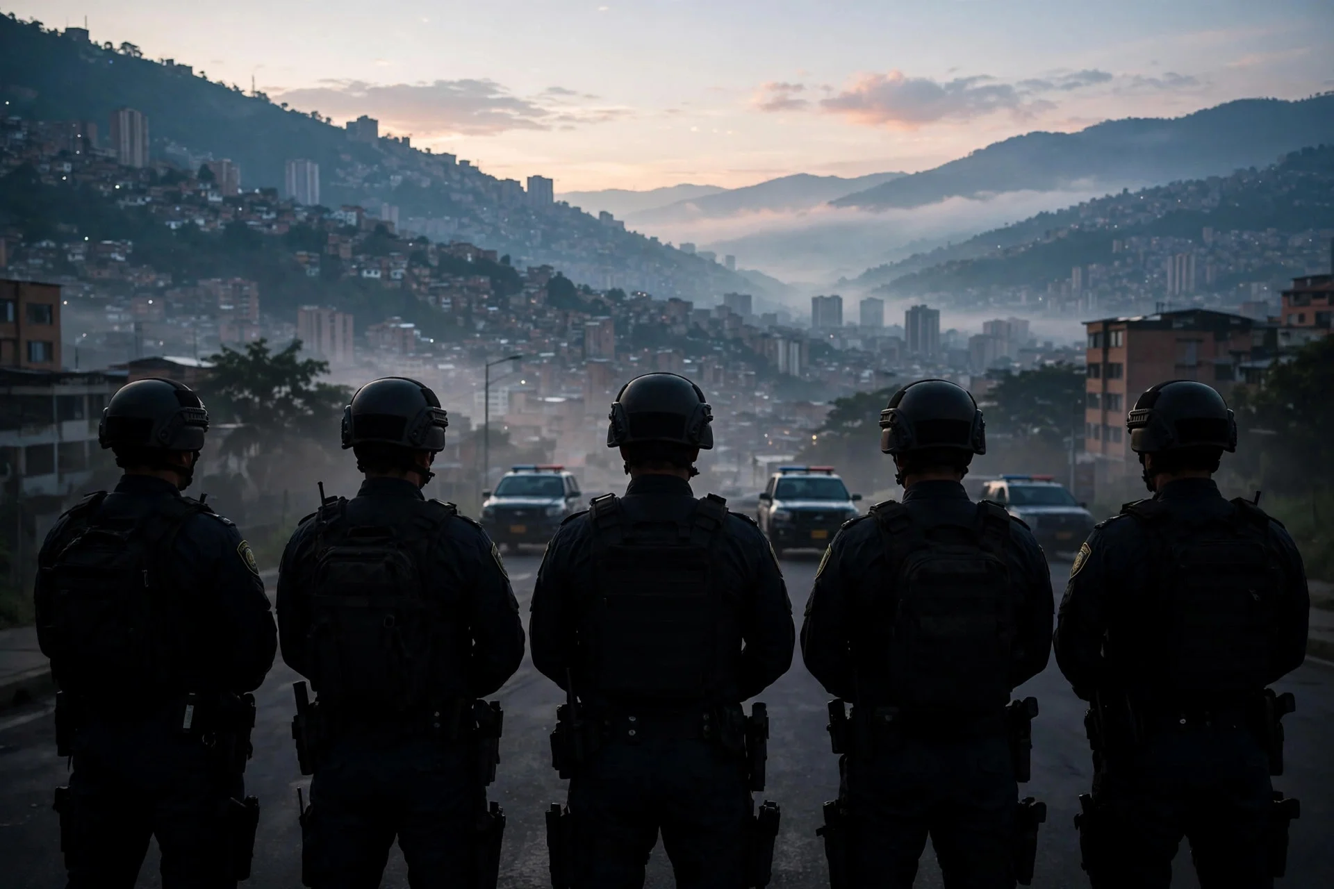 Cinco uniformados de espaldas con casco y chaleco en una calle al amanecer, con patrullas al fondo y las laderas pobladas de Medellín entre niebla