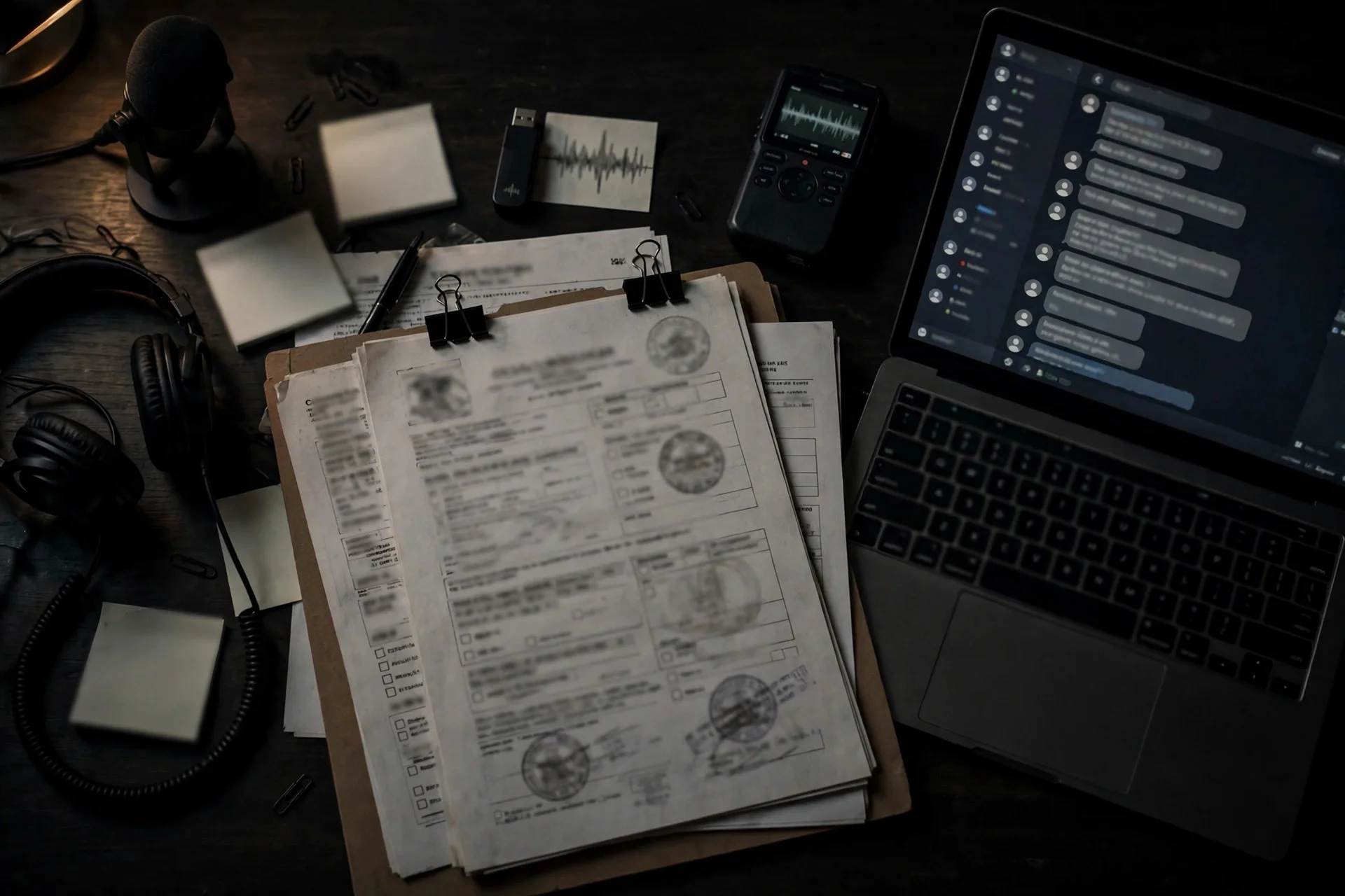 Escritorio oscuro con grabadora de audio, mensajes de chat en una computadora y documentos electorales