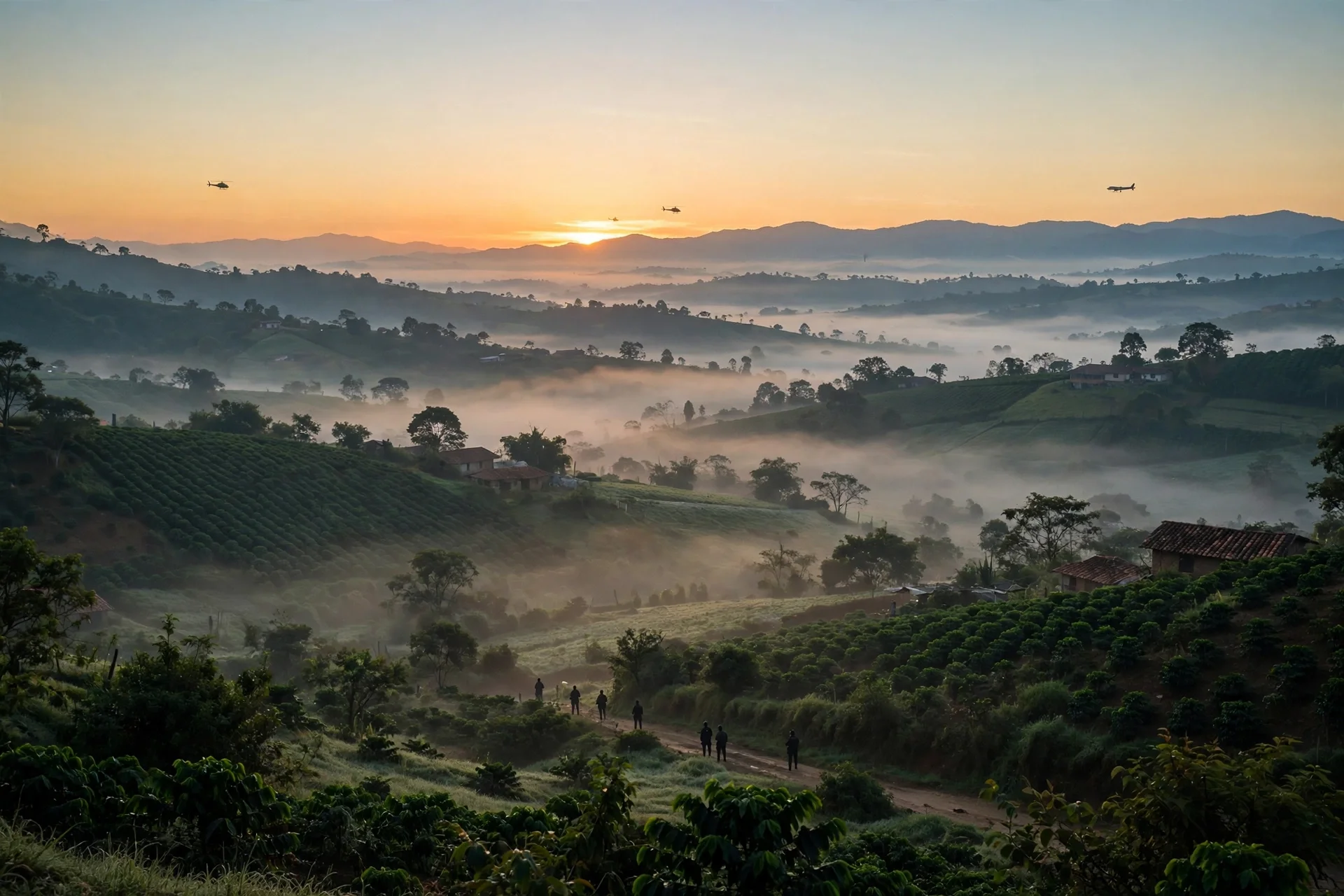 Amanecer sobre un paisaje rural de colinas verdes con aeronaves lejanas en el cielo y siluetas de personal de seguridad en un camino