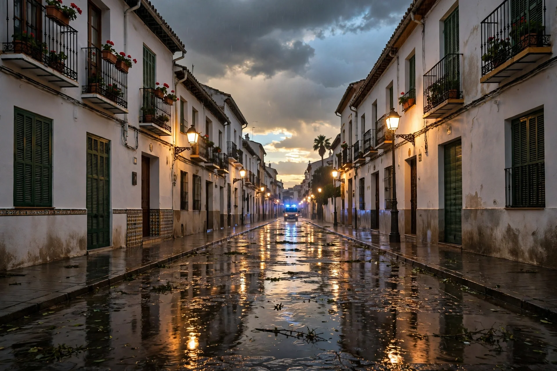 Ilustración de una calle andaluza tras las lluvias, con charcos que reflejan las luces y un vehículo de emergencias a lo lejos