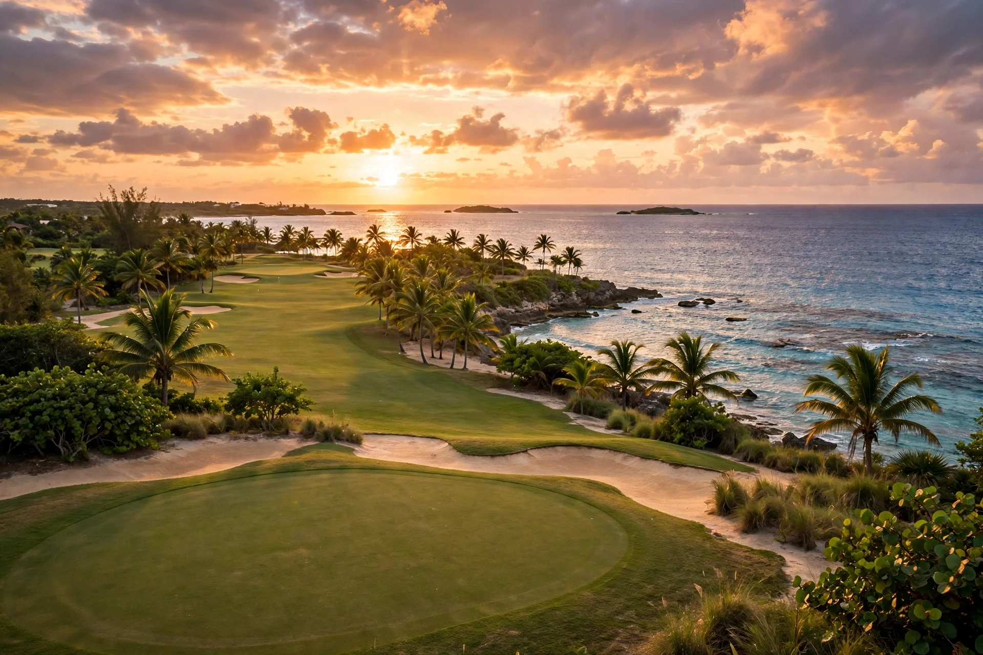Campo de golf caribeño junto al mar al atardecer, con palmeras, arena y el green en primer plano