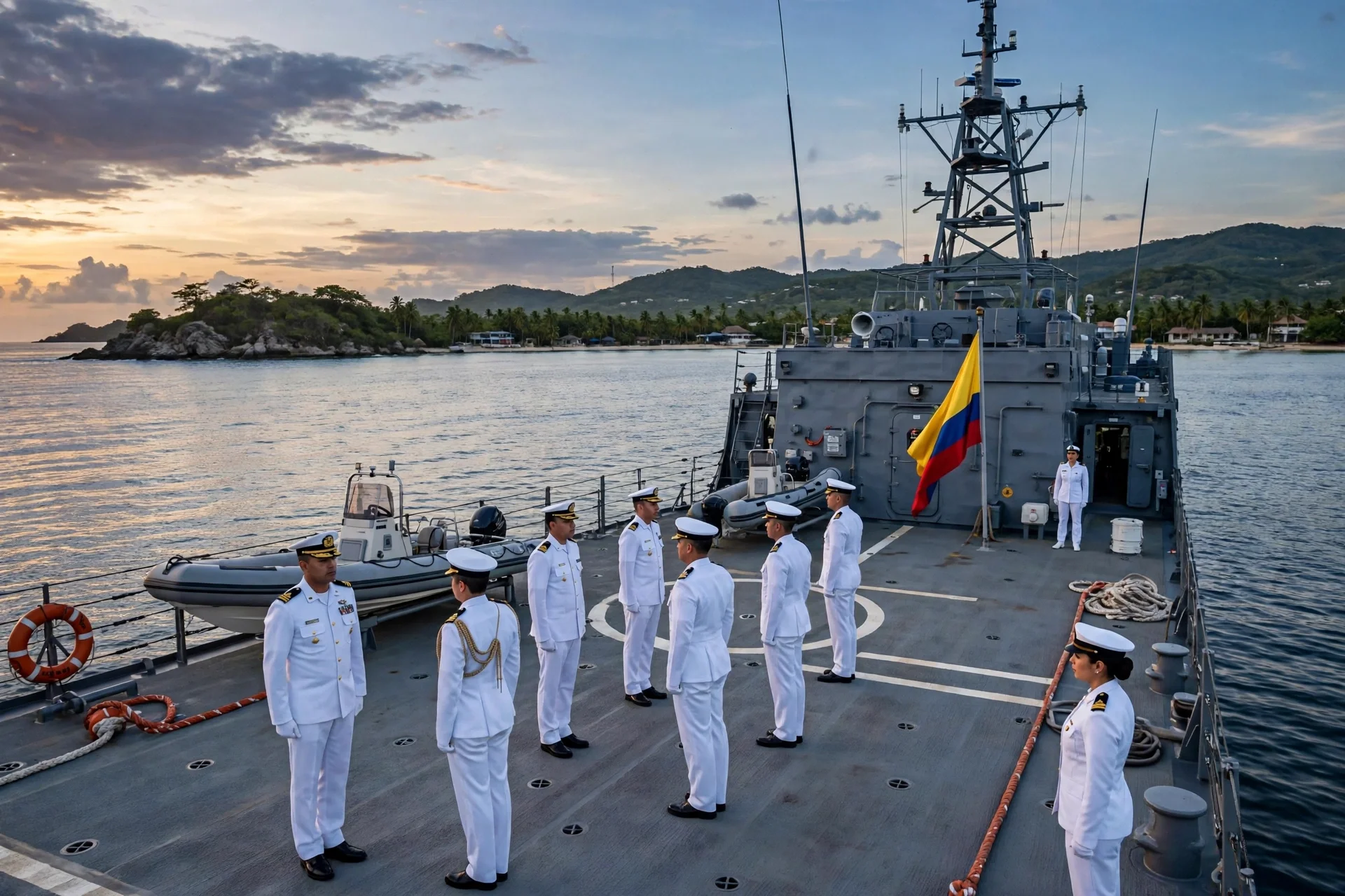 Buque patrullero de la Armada de Colombia fondeado cerca de San Andrés al atardecer con oficiales en ceremonia