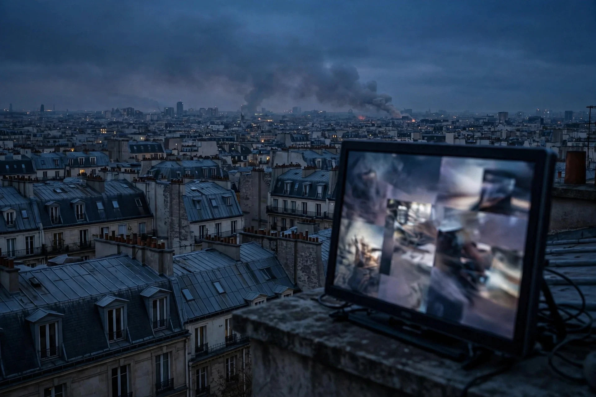 París al anochecer con humo lejano sobre los tejados y una pantalla con imágenes borrosas