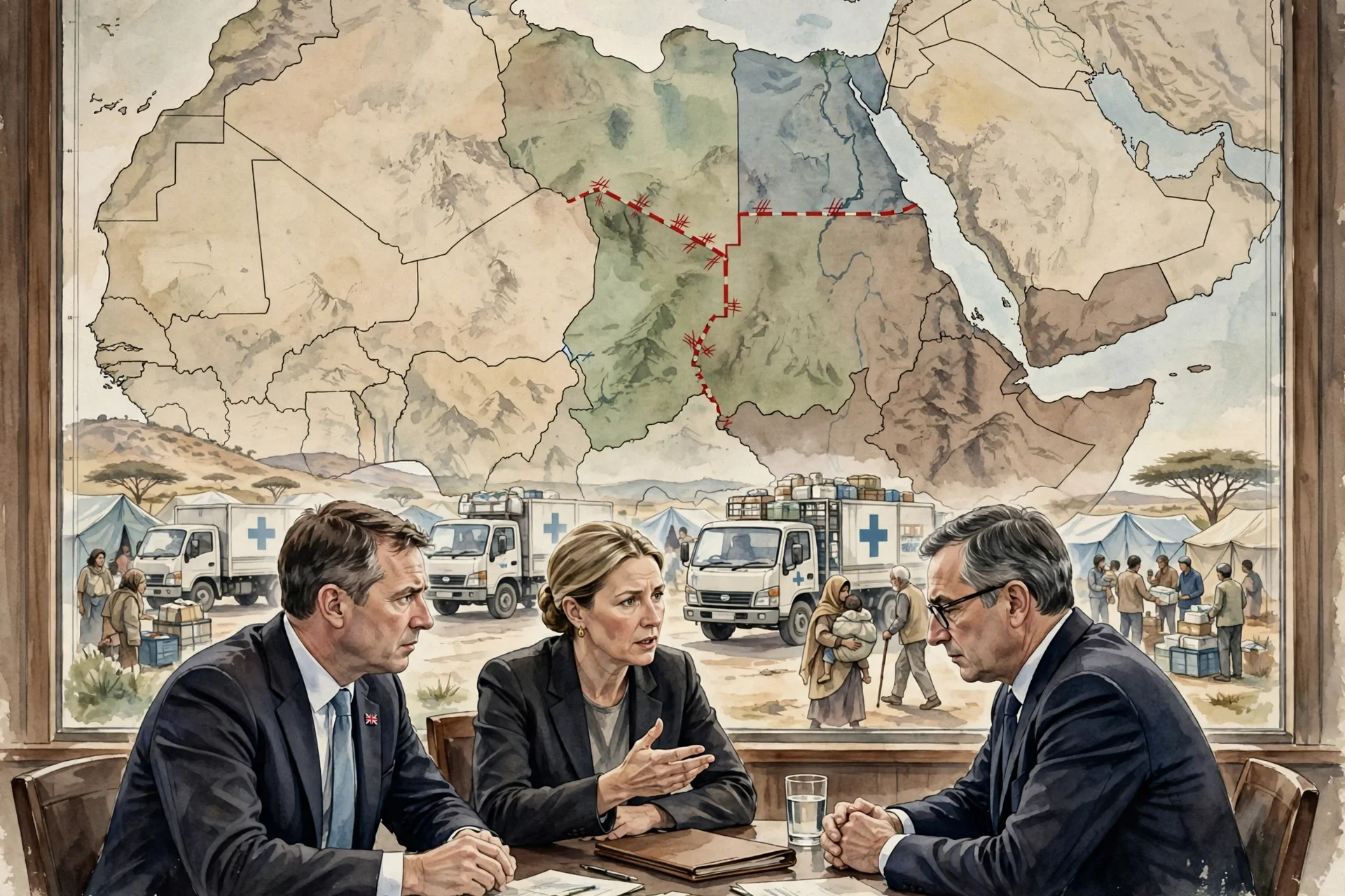 Ilustración editorial de diplomáticos conversando ante un mapa del noreste de África, con camiones de ayuda humanitaria y civiles al fondo