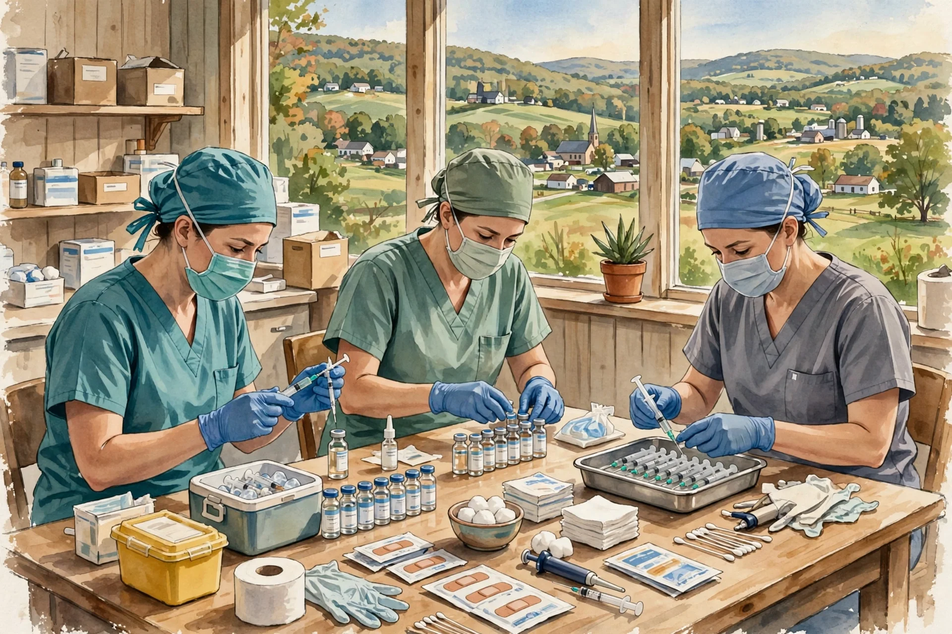 Ilustración editorial de personal sanitario preparando vacunas en una clínica rural