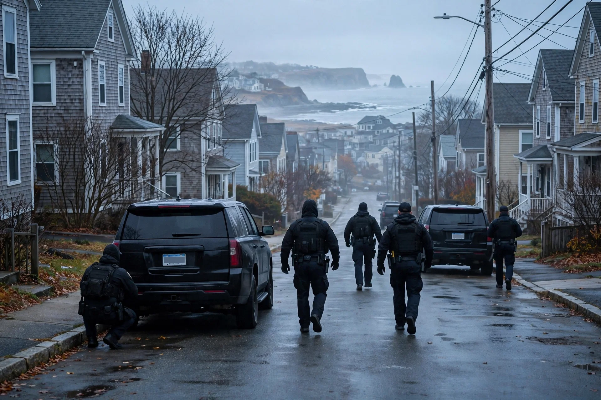 Agentes con chalecos tácticos caminan por una calle residencial costera de Massachusetts junto a vehículos sin distintivos.