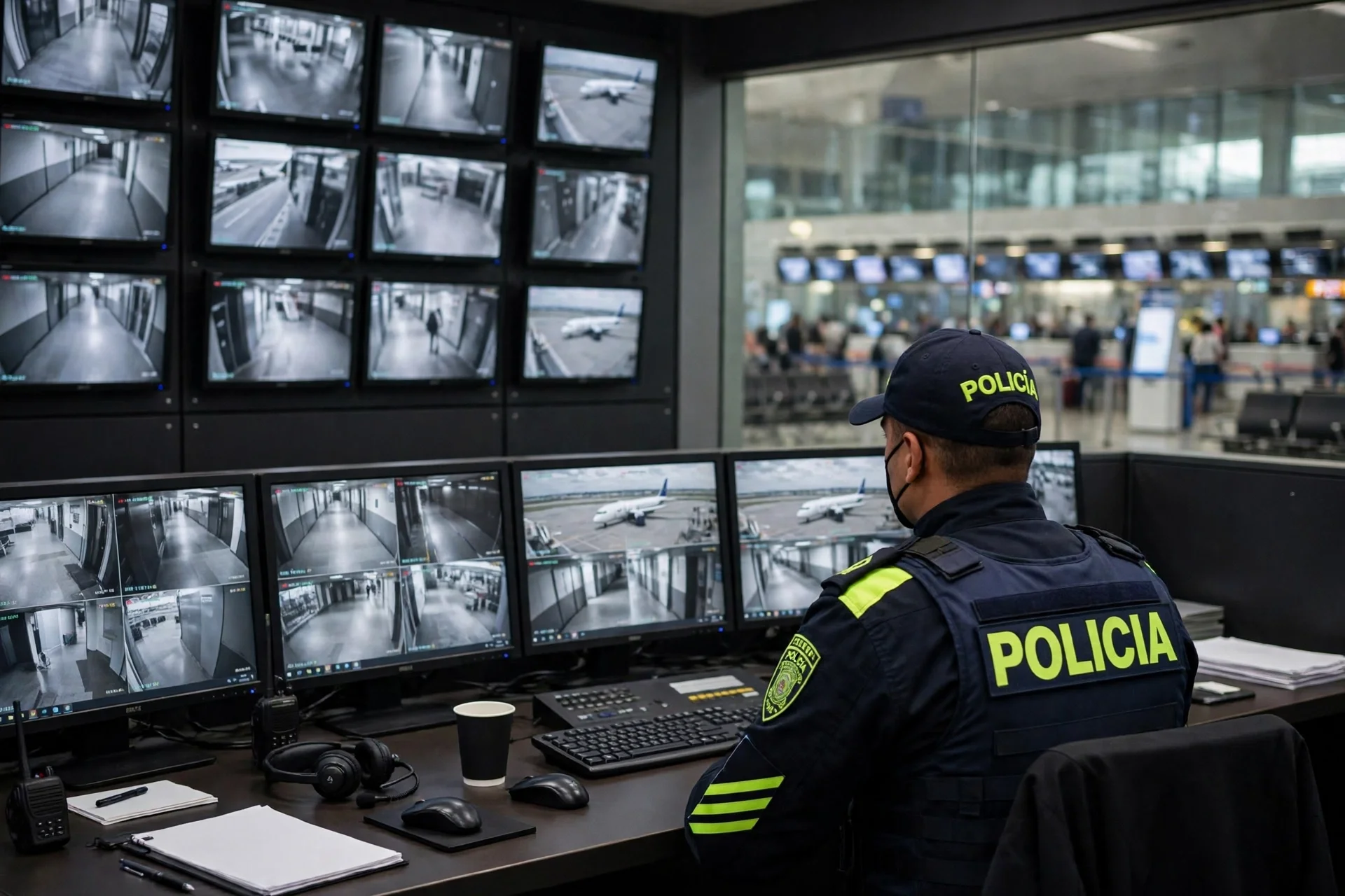 Sala de monitoreo de cámaras de seguridad de un aeropuerto internacional con pantallas y un uniformado de espaldas