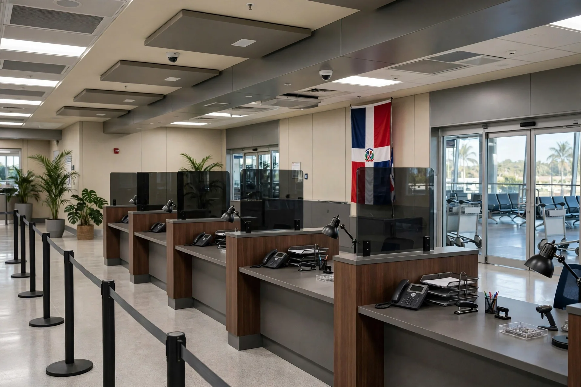 Mostradores vacíos de una oficina de migración en un aeropuerto dominicano, con la bandera de República Dominicana al fondo