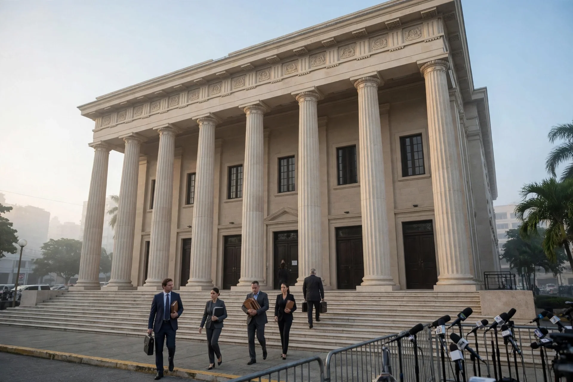 Fachada con columnas de un palacio de justicia en Santo Domingo con abogados con expedientes bajando la escalinata y micrófonos de prensa en primer plano