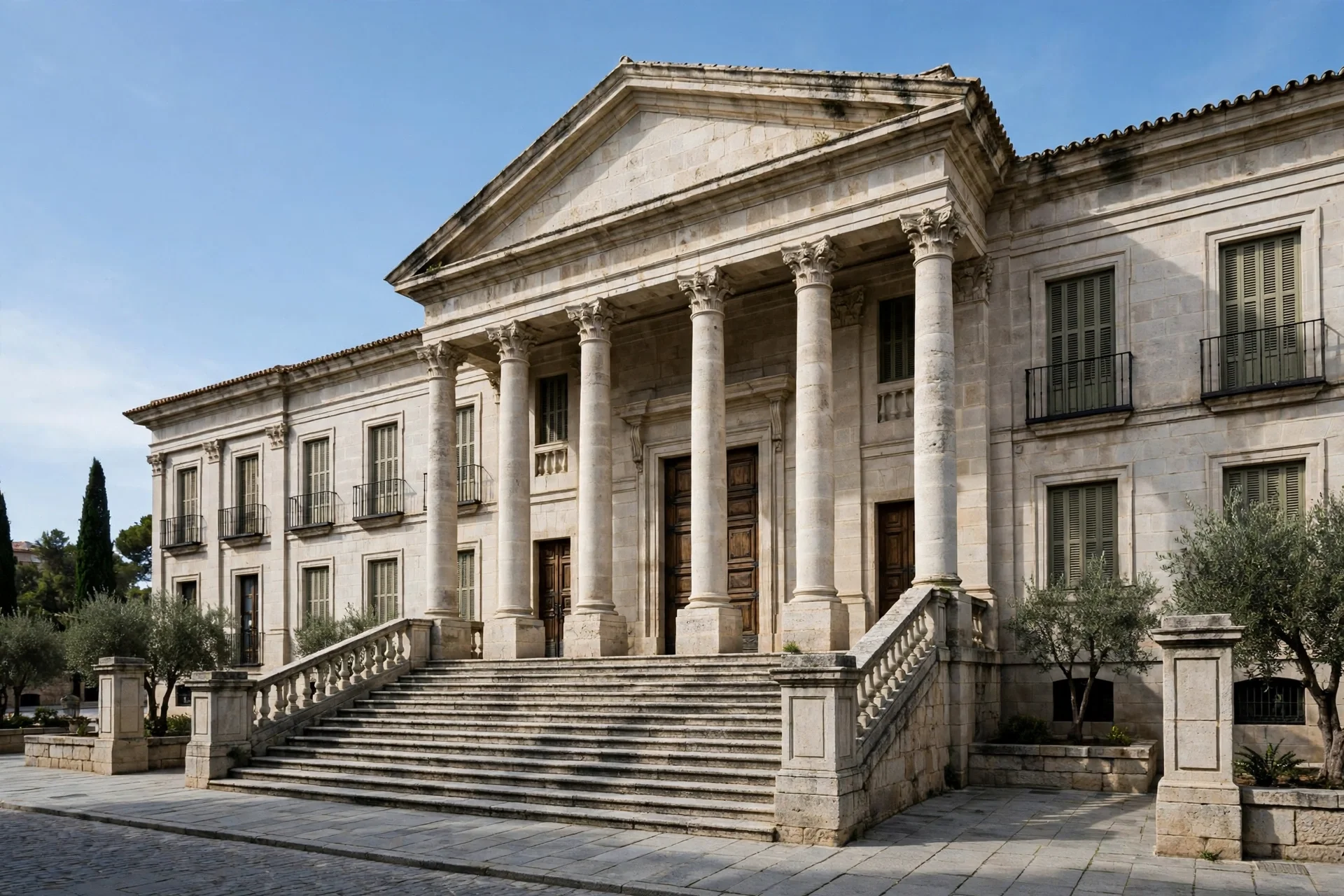 Fachada de piedra de un juzgado español con columnas y escalinata