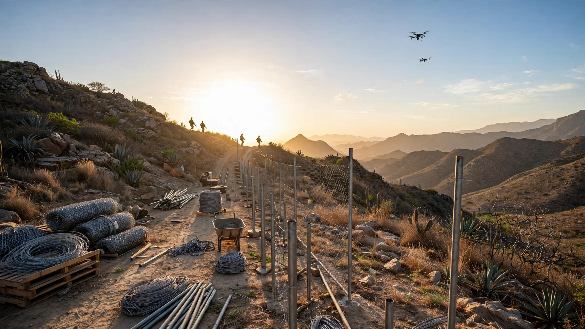 Verja fronteriza en construcción sobre una cresta montañosa árida al atardecer, con rollos de malla, soldados en silueta a lo lejos y dos drones en el cielo