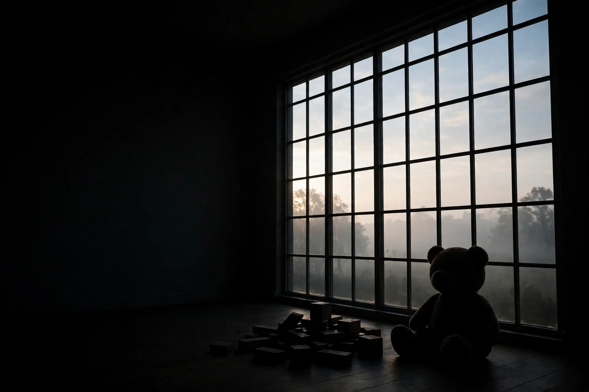 Silueta de un oso de peluche y bloques de juguete junto a un gran ventanal con luz de amanecer en una habitación vacía
