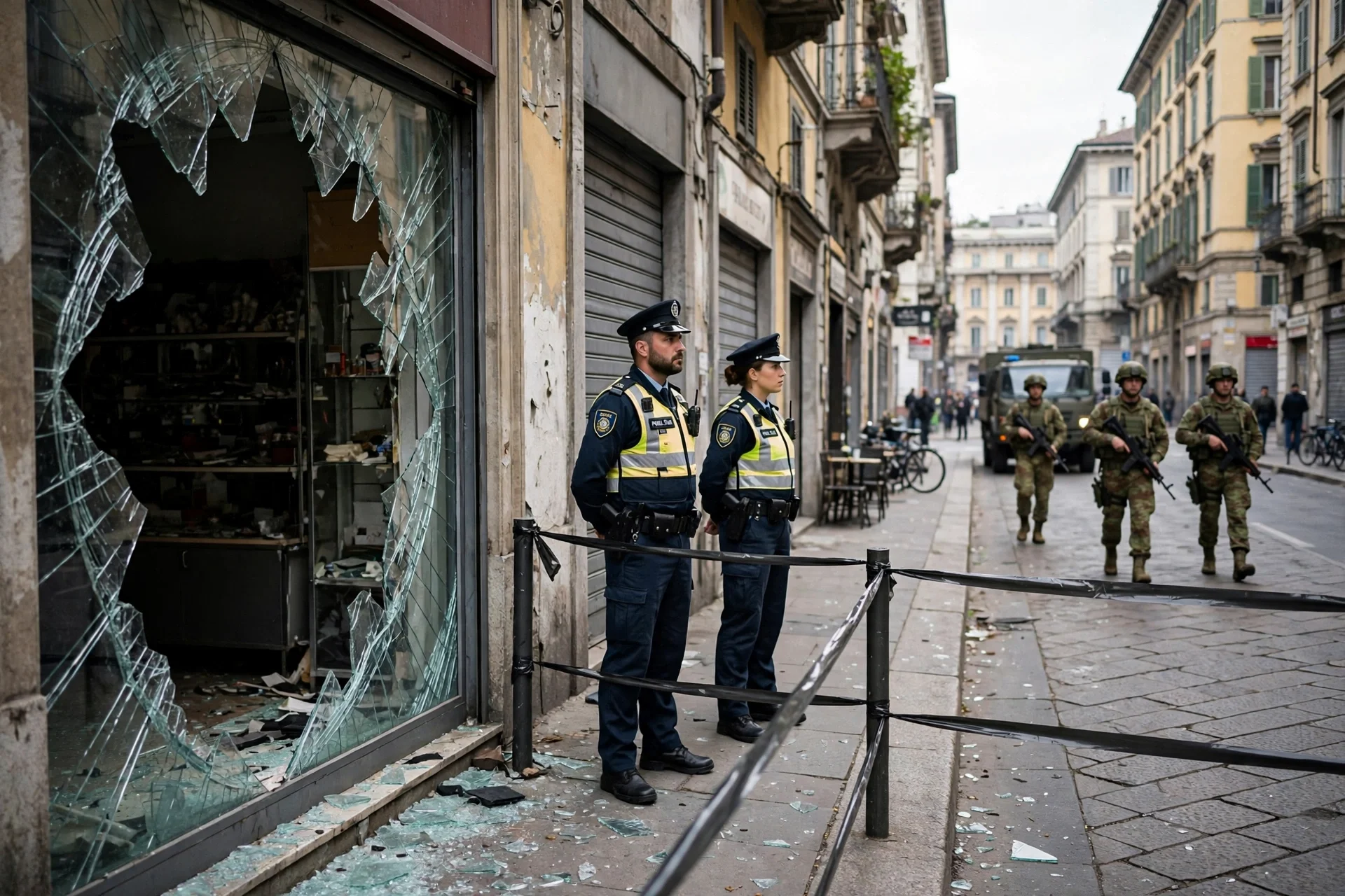Escaparate roto en una calle de Milán con dos policías de guardia y militares llegando al fondo.