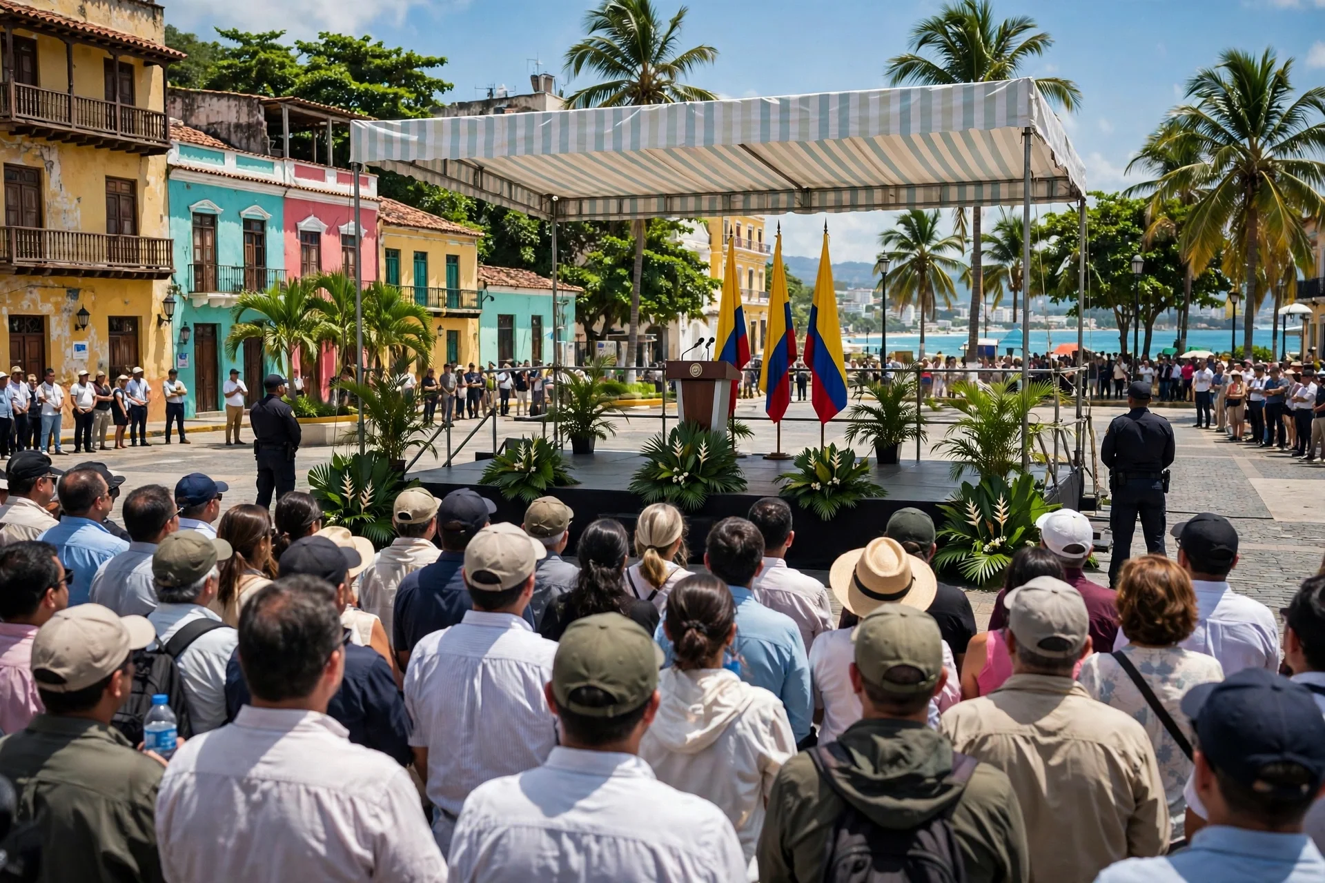Tarima al aire libre con banderas de Colombia y público de espaldas en una plaza caribeña con palmeras y el mar al fondo