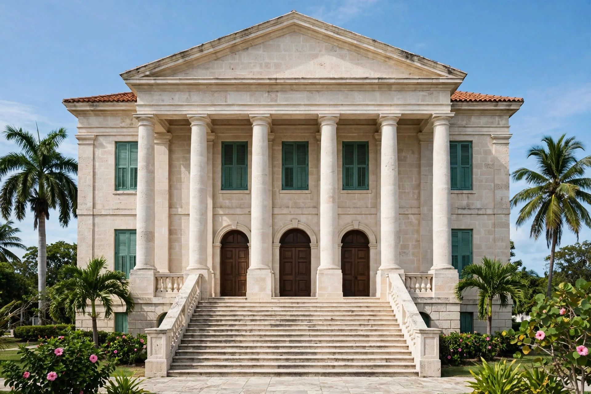 Fachada de piedra clara con columnas y escalinata de un palacio de justicia caribeño rodeado de palmeras