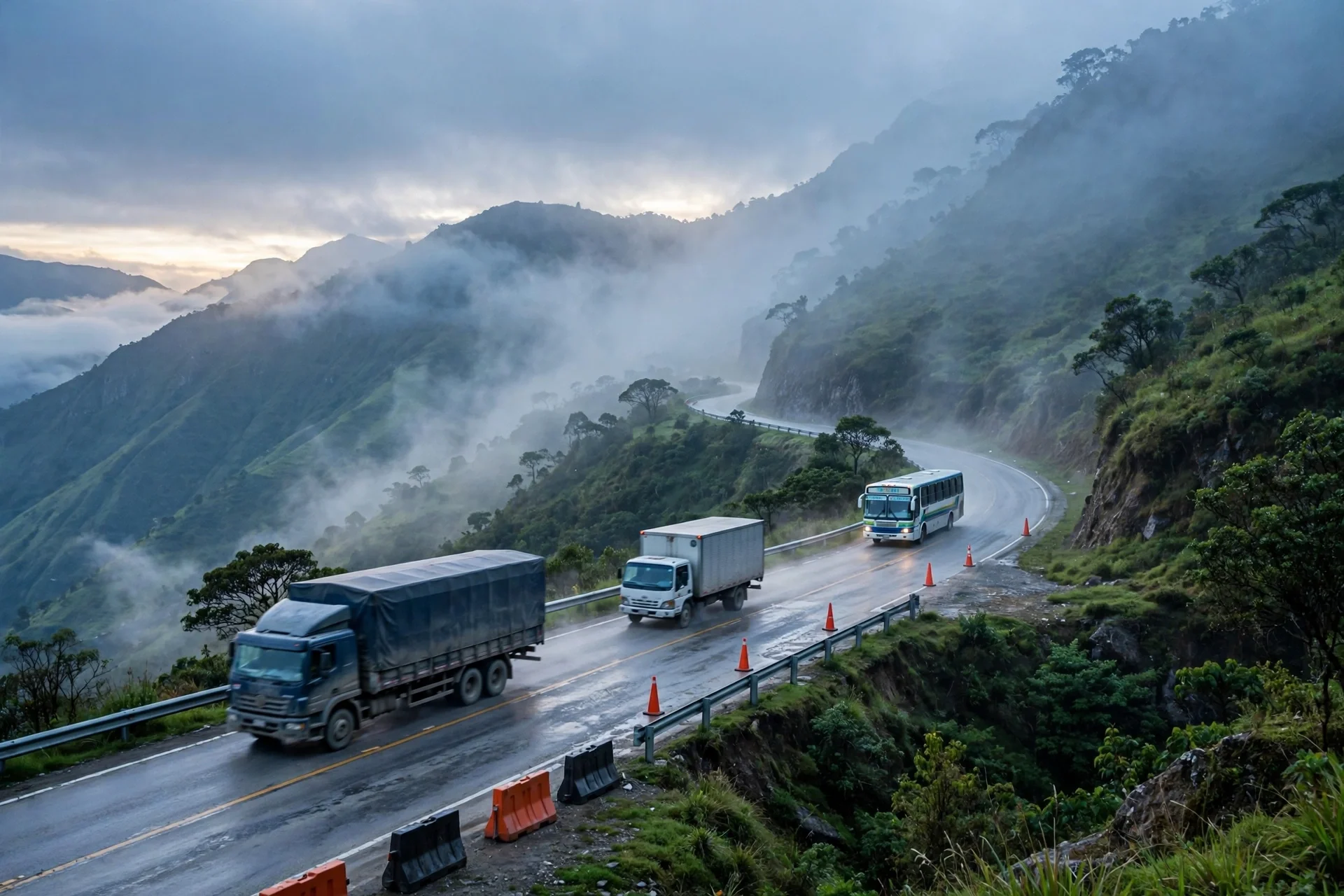 Carretera de montaña entre niebla al amanecer con un camión de carga, un camión blanco y un autobús avanzando entre conos y barreras de seguridad vial