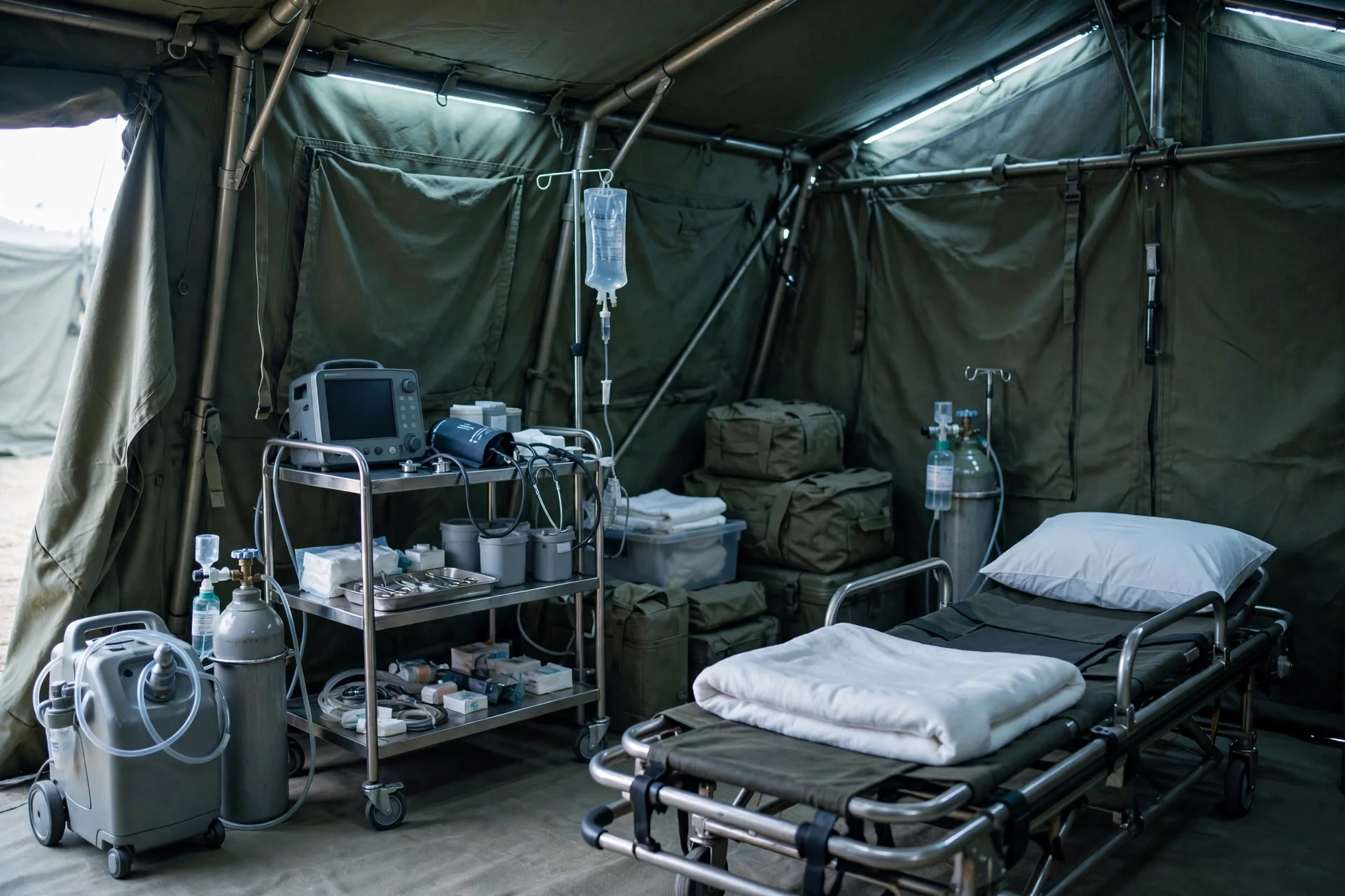 Interior of a military field hospital tent with medical equipment and an empty stretcher