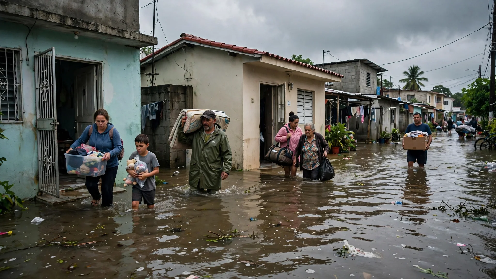 Calle residencial inundada con familias sacando pertenencias de sus viviendas