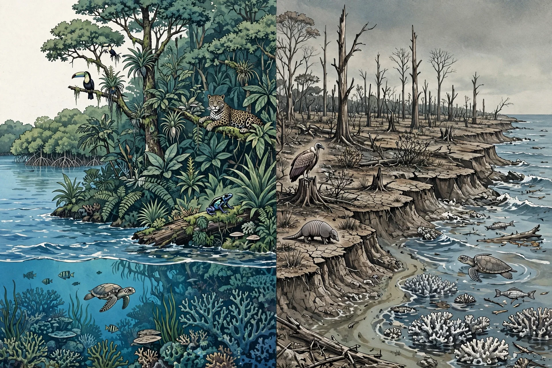 Ilustración de un ecosistema vivo con selva, jaguar y arrecife junto a un paisaje degradado con árboles muertos y coral blanqueado