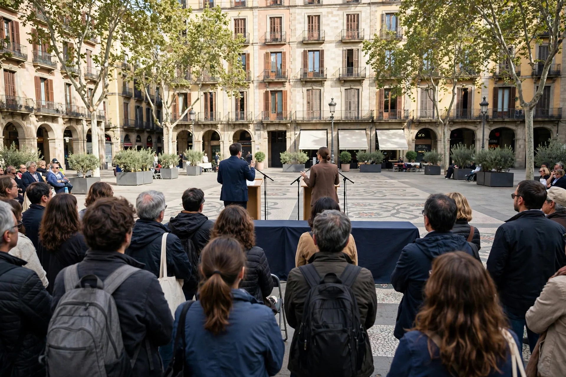 Acto político al aire libre en una plaza de Barcelona con dos oradores ante el público