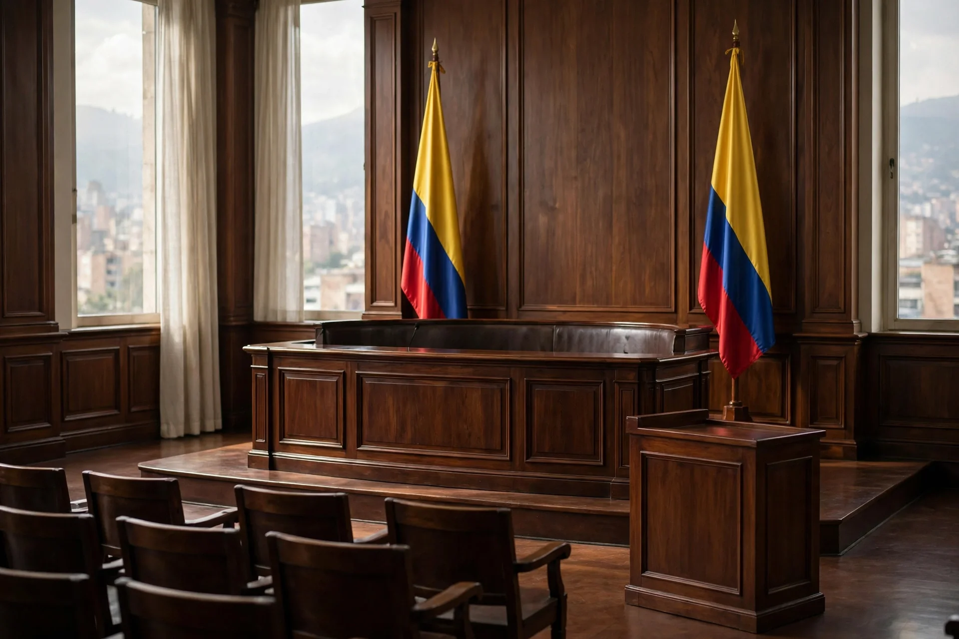Sala de audiencias judiciales de madera oscura con estrado vacío, atril y dos banderas de Colombia junto a ventanales con vista a la ciudad