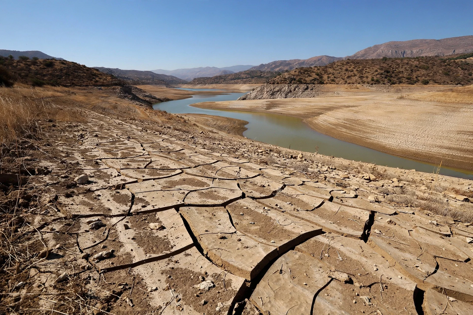 Embalse con nivel bajo de agua y orilla agrietada bajo un cielo despejado