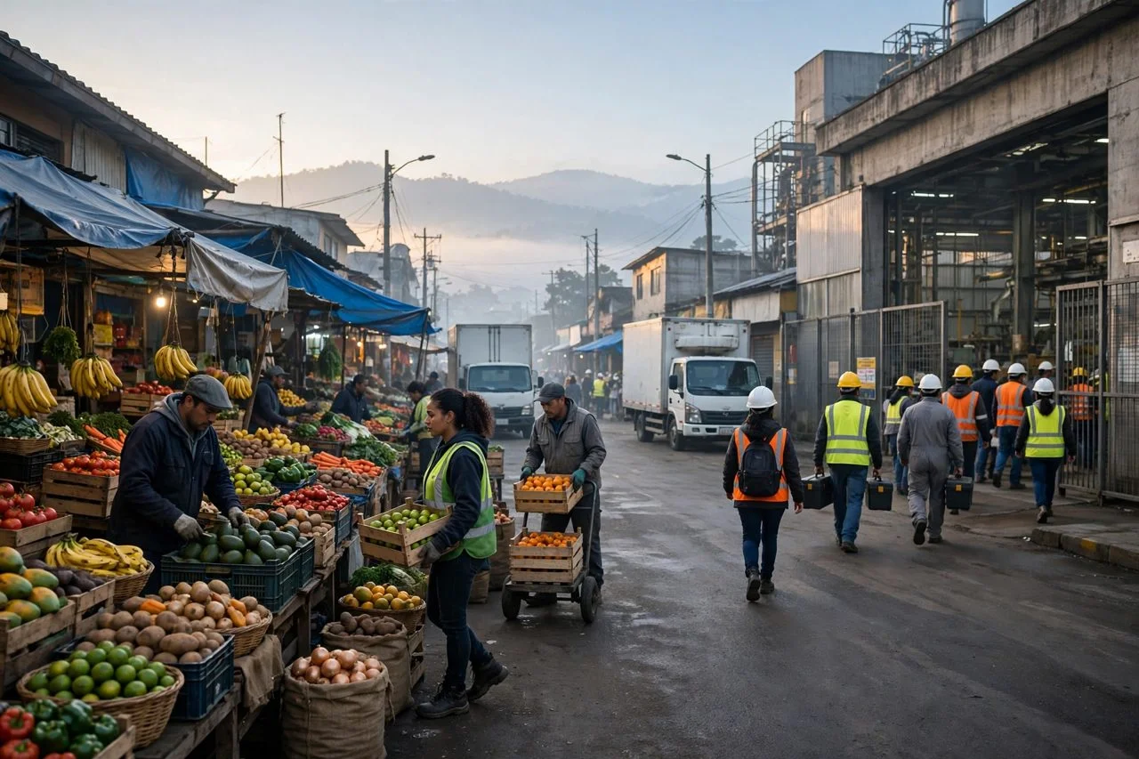 Trabajadores en un mercado de alimentos y empleados entrando a una planta industrial al amanecer
