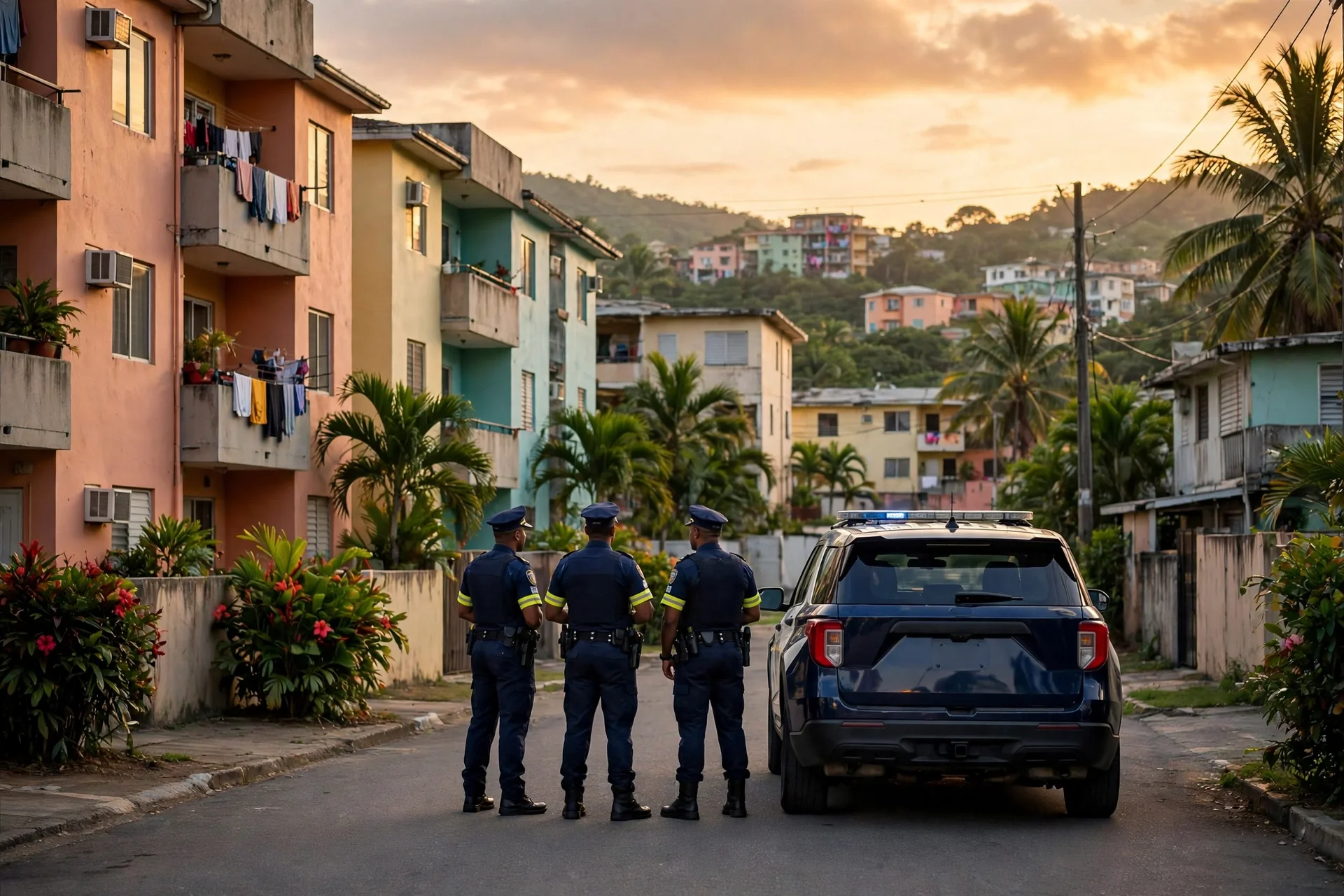 Agentes policiales de espaldas junto a un vehículo oficial en una calle de un complejo habitacional caribeño al atardecer