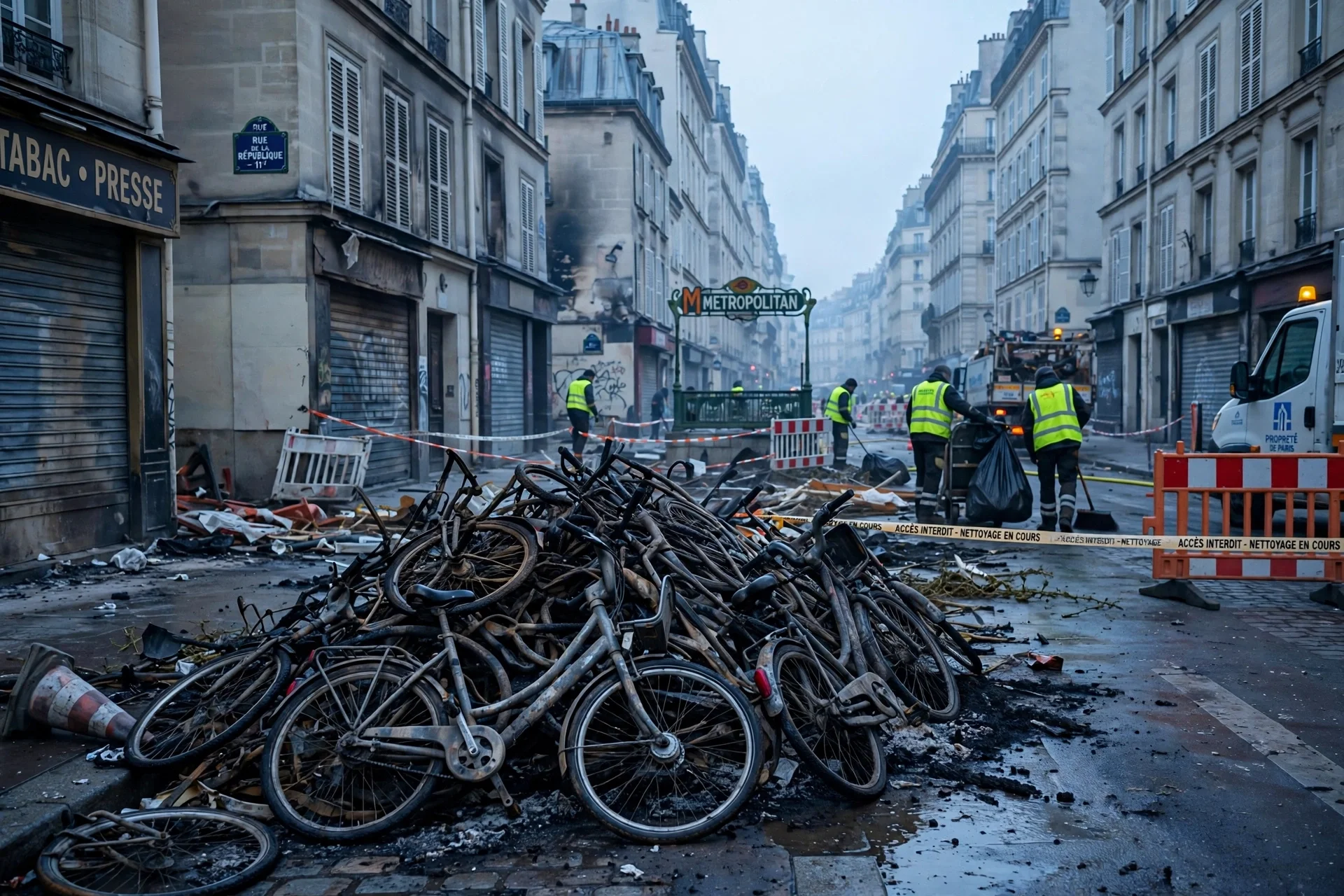 Calle de París al amanecer con bicicletas calcinadas amontonadas y operarios de limpieza trabajando entre escombros