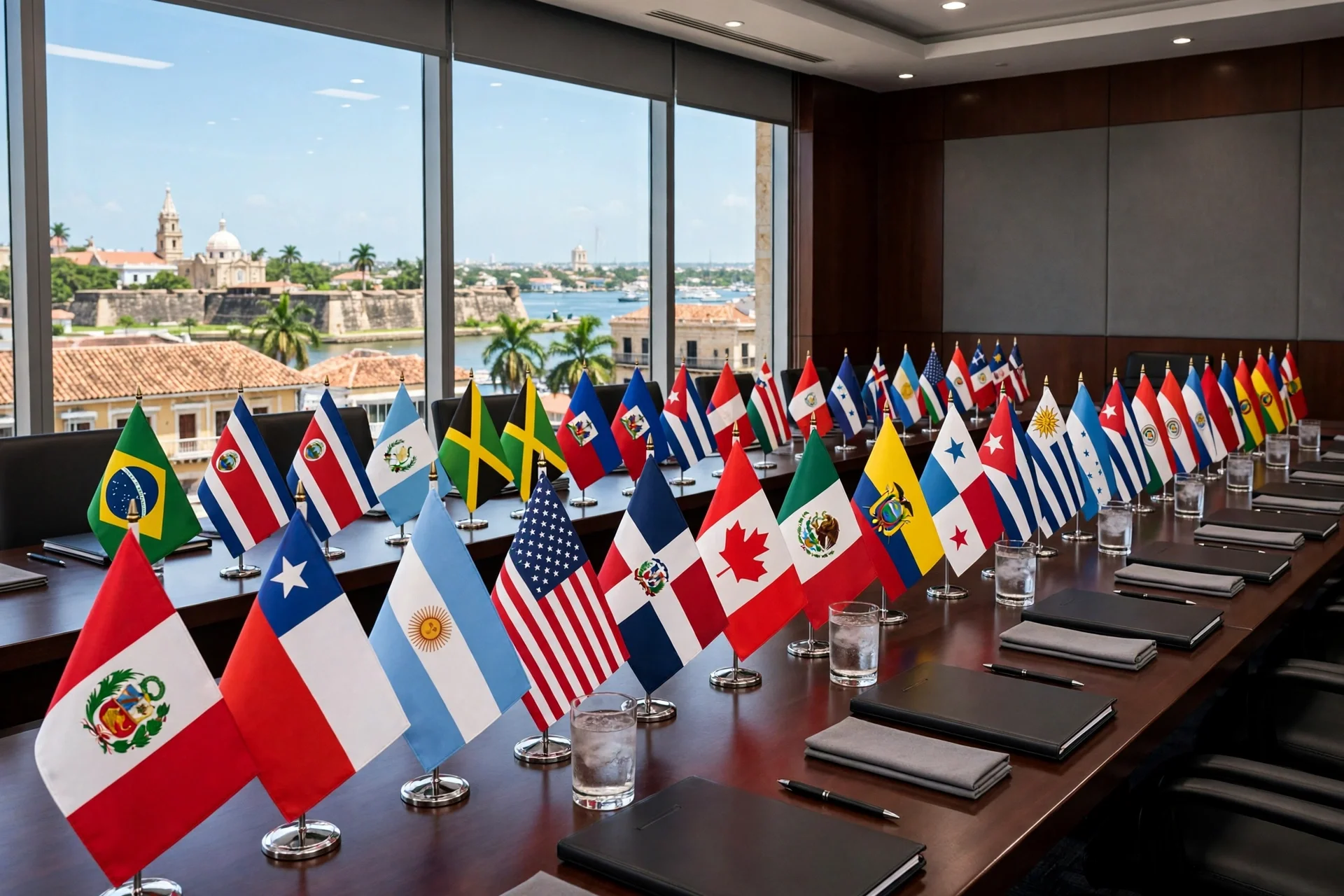 Banderas de naciones americanas sobre una larga mesa de conferencias en una sala con ventanales