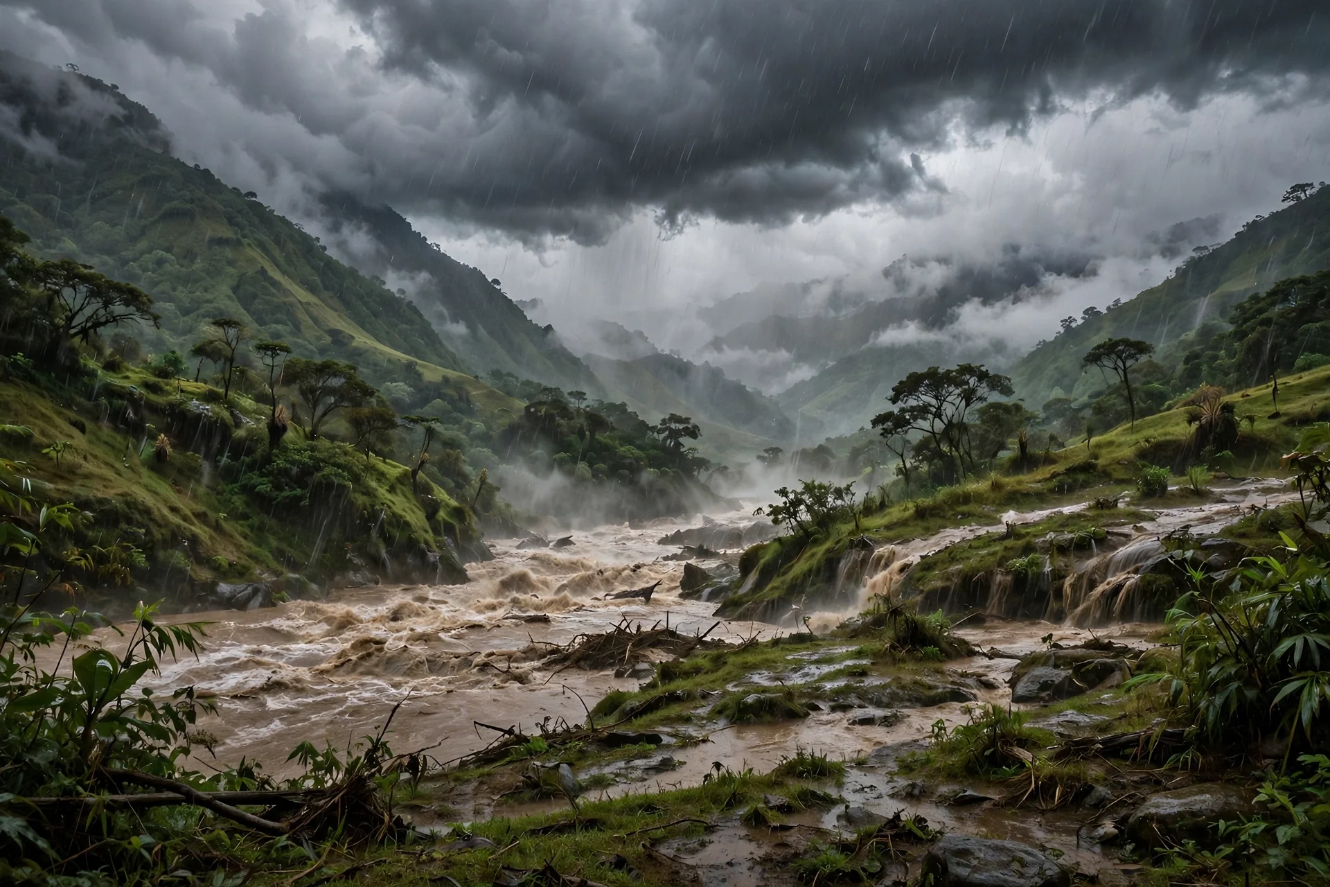 Río crecido bajo lluvias intensas sobre un territorio verde de Colombia