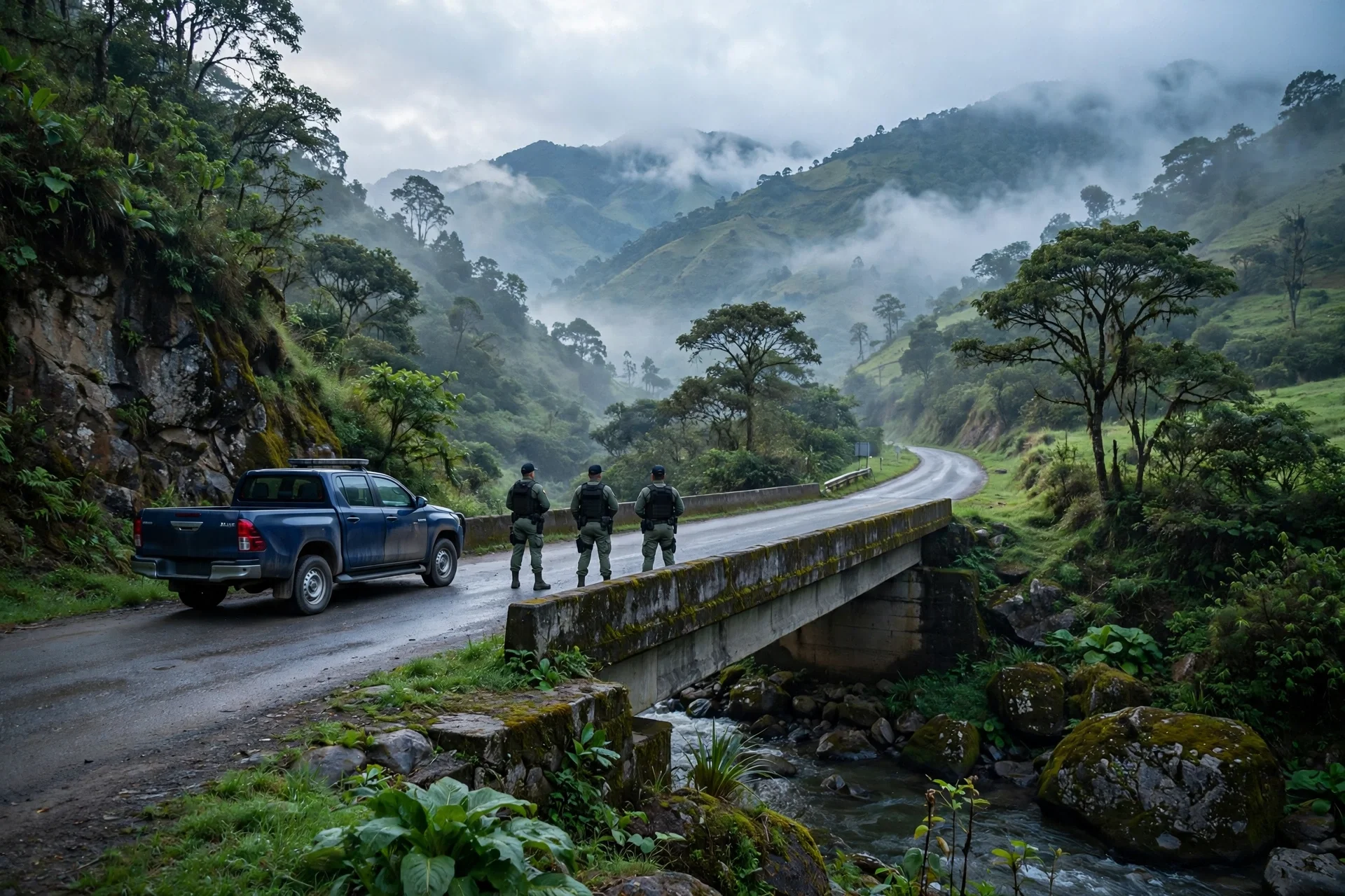 Una patrulla junto a un puente en una carretera de montaña verde con tres agentes de espaldas vigilando la vía.