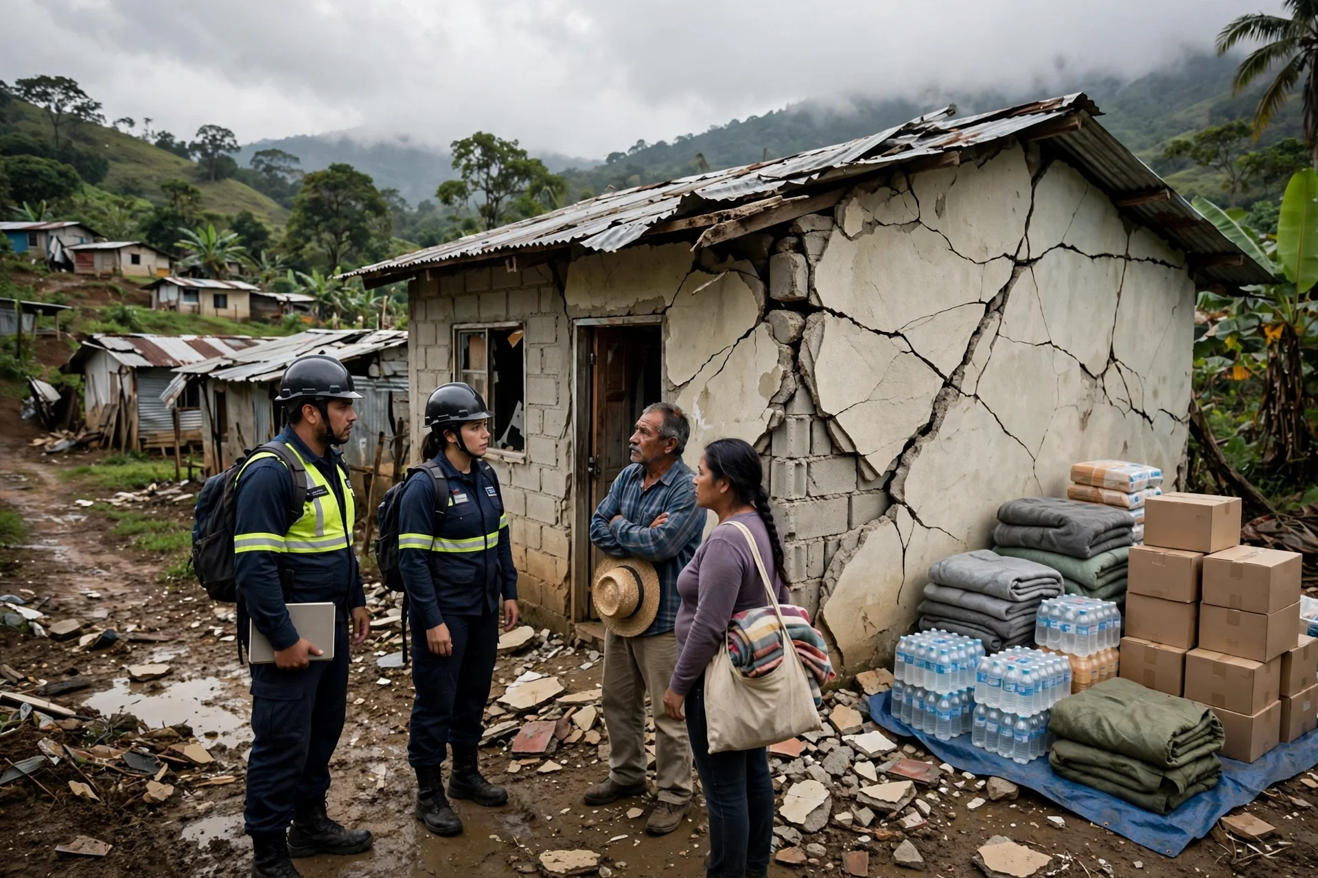 Vivienda rural panameña con grietas por el terremoto, inspectores hablando con una pareja y ayuda humanitaria apilada junto a la casa