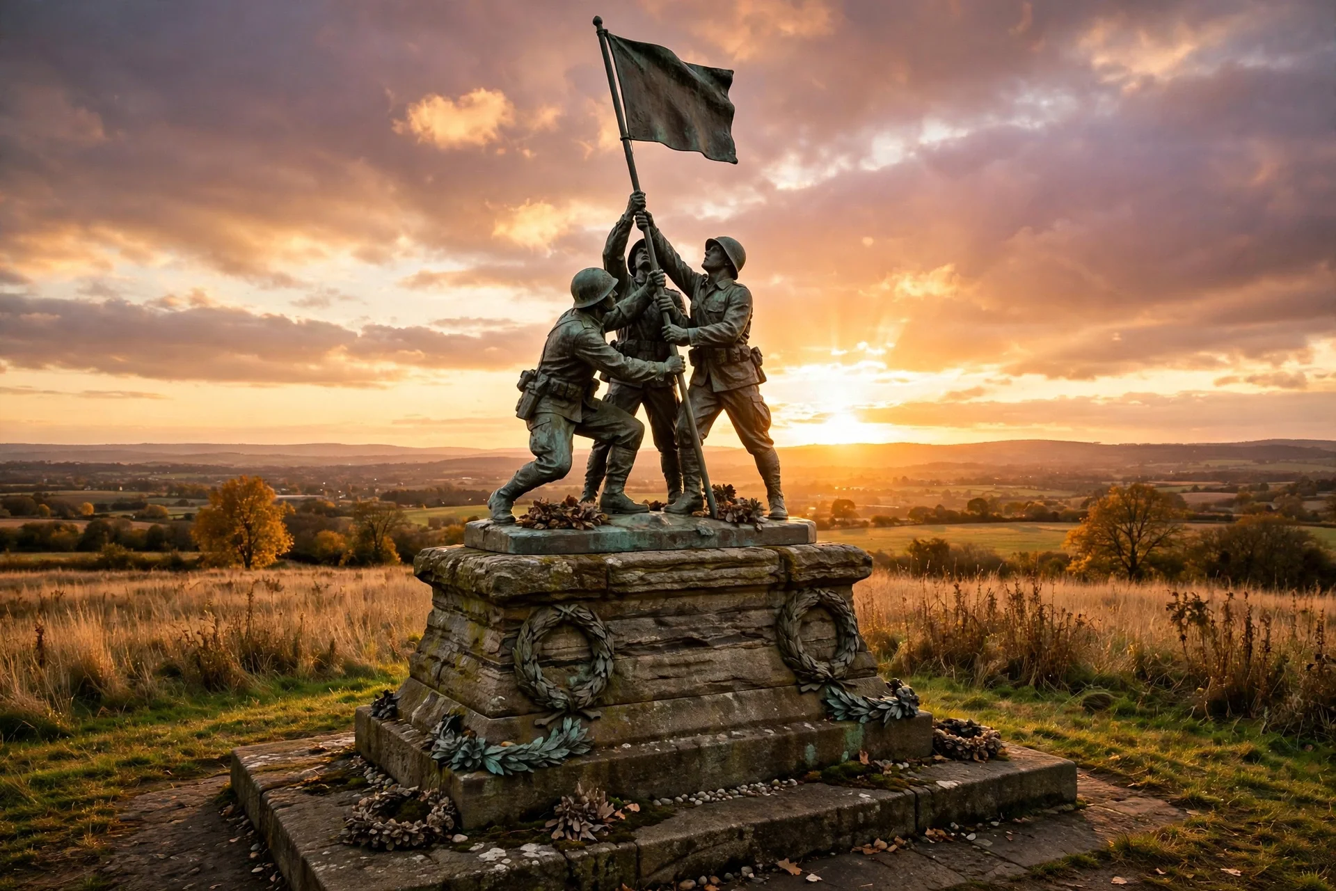 Monumento de bronce con soldados izando una bandera sobre un pedestal de piedra al atardecer, con coronas conmemorativas
