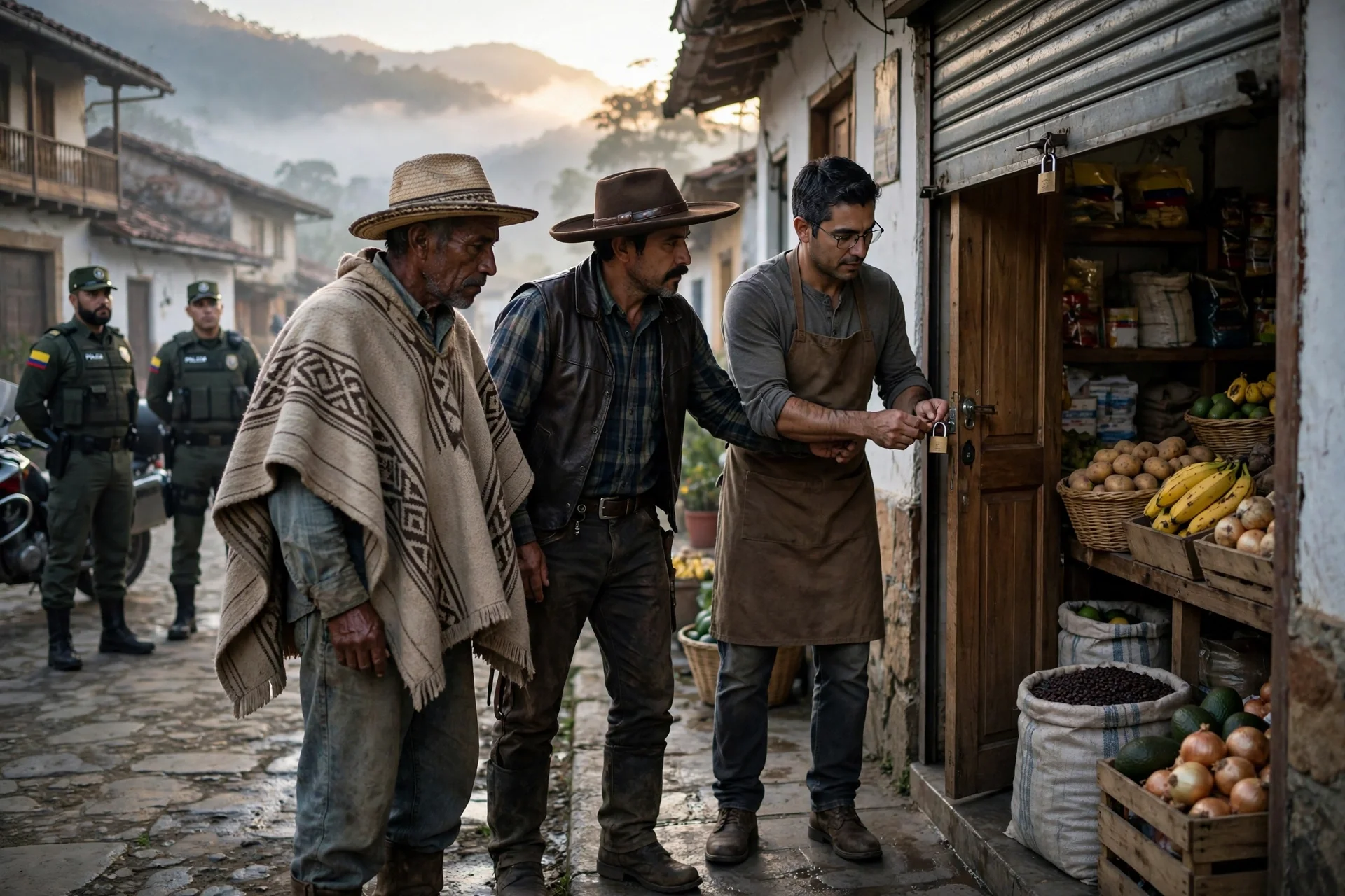 Ilustración editorial de un campesino, un ganadero y un comerciante colombiano al amanecer, con presencia serena de la fuerza pública al fondo