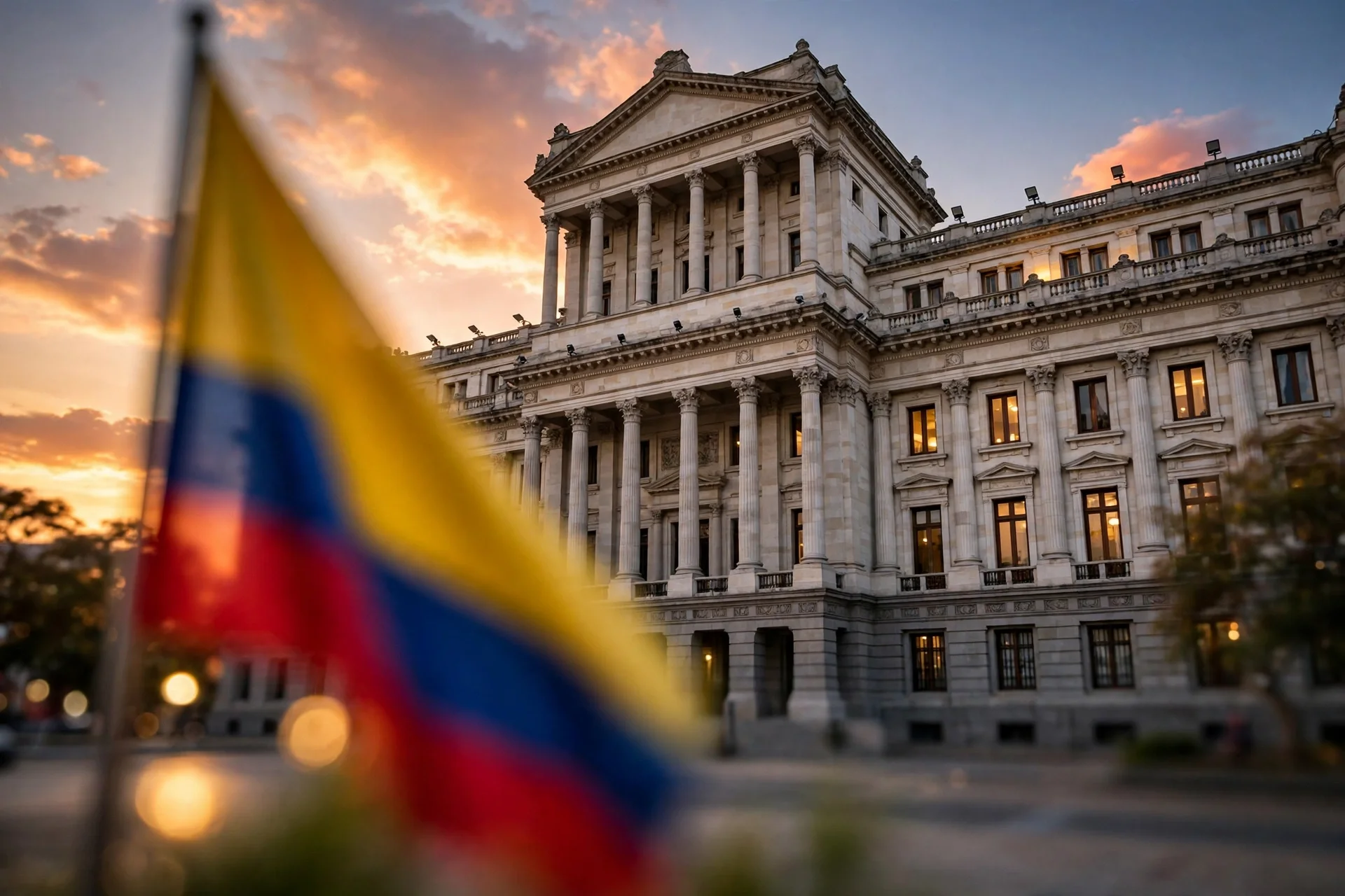 Fachada neoclásica de un congreso al atardecer con ventanas iluminadas y una bandera colombiana desenfocada en primer plano