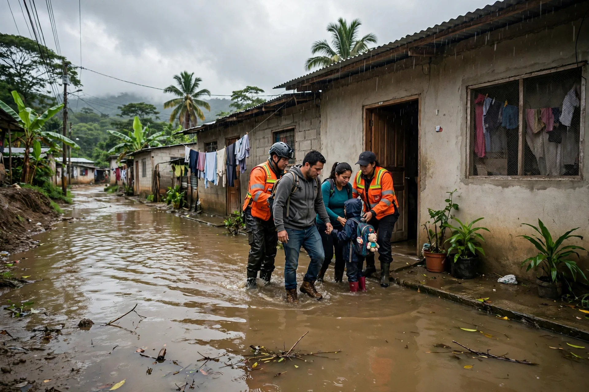Socorristas ayudan a una familia a salir de su vivienda en una calle inundada tras el desborde de un río.