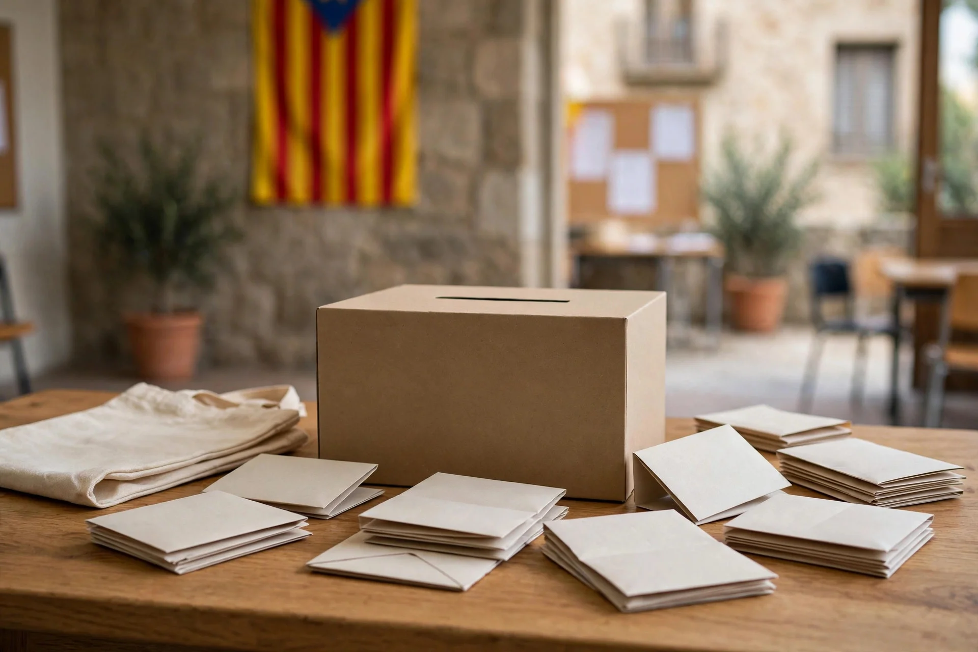 Urna electoral de cartón y sobres de voto sobre una mesa en un colegio electoral en Cataluña, con una bandera catalana desenfocada al fondo.