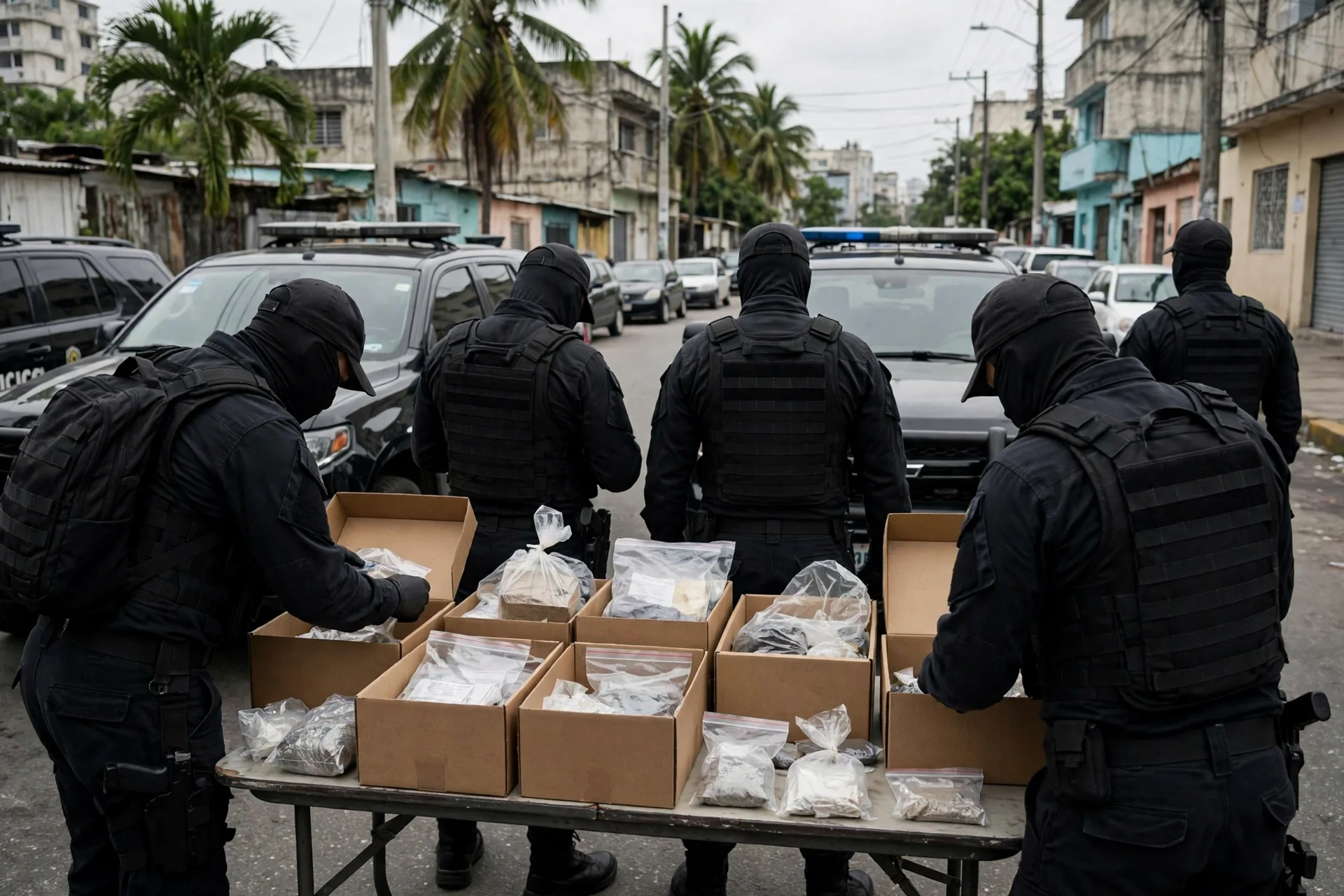 Agentes de espaldas junto a vehículos oficiales y cajas con evidencias incautadas sobre una mesa en una calle caribeña.