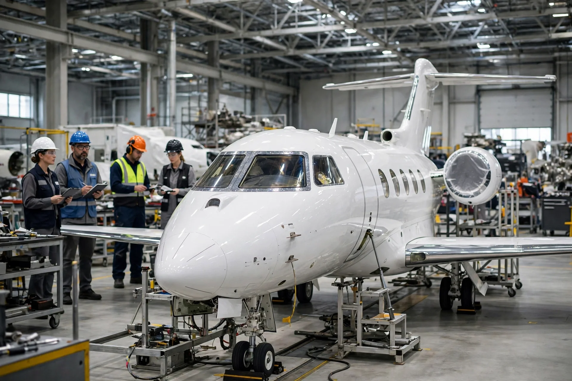 Jet ejecutivo blanco en la línea de ensamblaje de una planta aeronáutica, con ingenieros revisando el trabajo