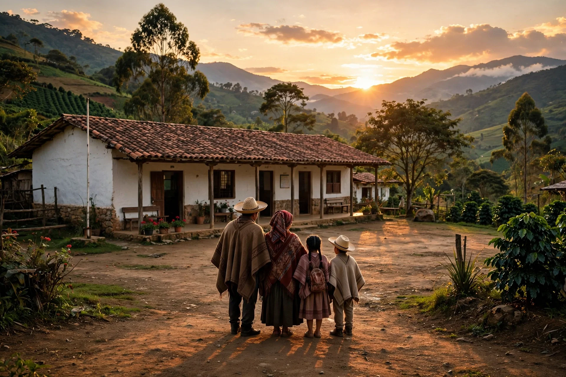 Familia colombiana de espaldas frente a una escuela rural al atardecer entre montañas