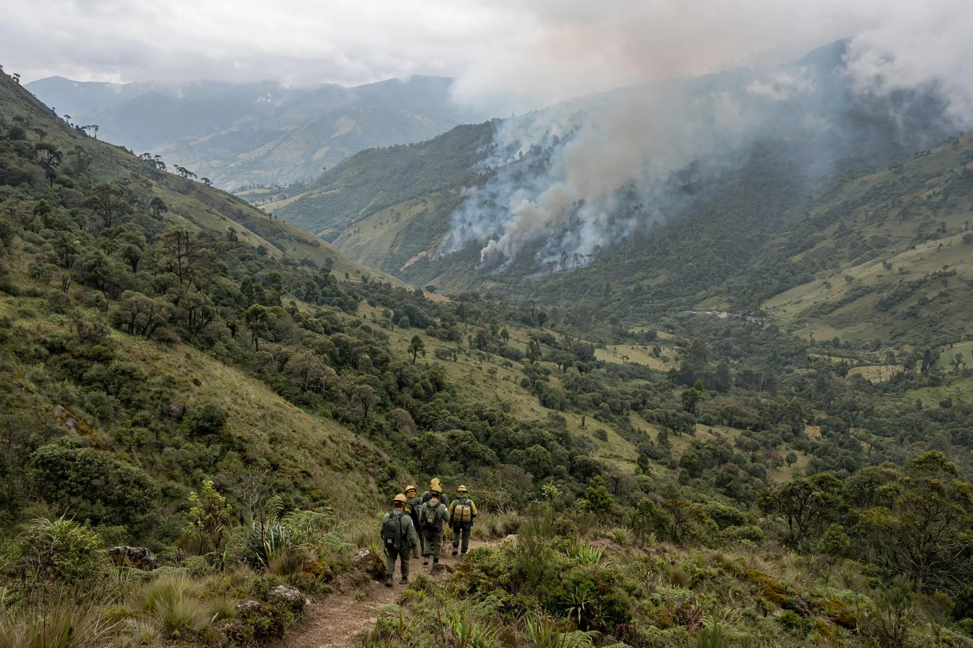 Ladera andina colombiana con humo lejano de un incendio forestal y bomberos de espaldas a distancia